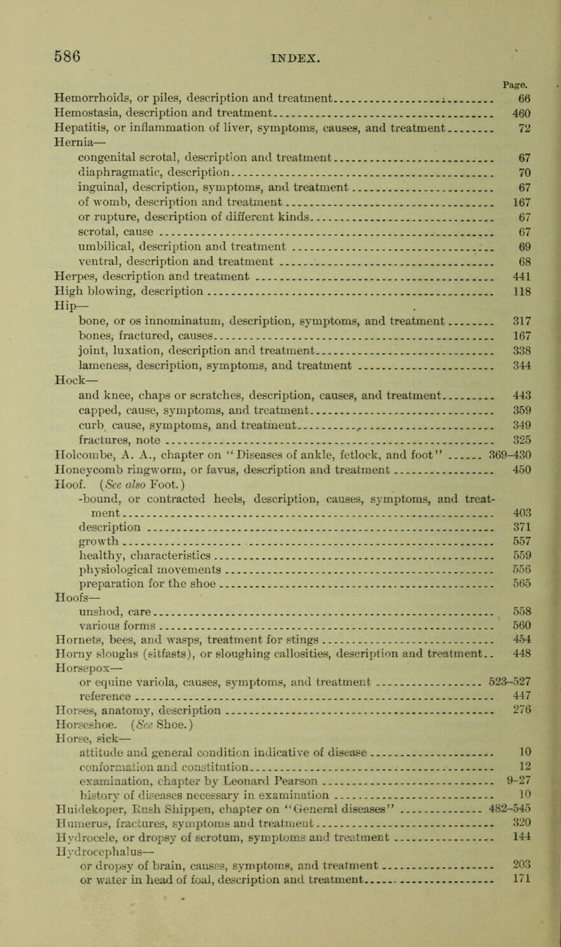 Page. Hemorrhoids, or piles, description and treatment ; 66 Hemostasia, description and treatment 460 Hepatitis, or inflammation of liver, symptoms, causes, and treatment 72 Hernia— congenital scrotal, description and treatment 67 diaphragmatic, description 70 inguinal, description, symptoms, and treatment 67 of womb, description and treatment 167 or rupture, description of different kinds 67 scrotal, cause 67 umbilical, description and treatment 69 ventral, description and treatment ' 68 Herpes, description and treatment 441 High blowing, description 118 Hip- bone, or os innominatum, description, symptoms, and treatment 317 bones; fractured, causes 167 joint, luxation, description and treatment 338 lameness, description, symptoms, and treatment 344 Hock— and knee, chaps or scratches, description, causes, and treatment 443 capped, cause, symptoms, and treatment 359 curb cause, symptoms, and treatment 349 fractures, note 325 Holcombe, A. A., chapter on “Diseases of ankle, fetlock, and foot” 369-430 Honeycomb ringworm, or favus, description and treatment 450 Hoof. (See also Foot.) -bound, or contracted heels, description, causes, symptoms, and treat- ment 403 description 371 growth 557 healthy, characteristics 559 physiological movements 556 preparation for the shoe 565 Hoofs— unshod, care 558 various forms 560 Hornets, bees, and wTasps, treatment for stings 454 Horny sloughs (sitfasts), or sloughing callosities, description and treatment.. 448 Horsepox— or equine variola, causes, symptoms, and treatment 523-527 reference 447 Horses, anatomy, description 276 Horseshoe. (See Shoe.) Horse, sick— attitude and general condition indicative of disease 10 conformation and constitution 12 examination, chapter by Leonard Pearson 9-27 history of diseases necessary in examination 10 Huidekoper, Rush Shippen, chapter on “ General diseases ’’ 482-545 Humerus, fractures, symptoms and treatment 320 Hydrocele, or dropsy of scrotum, symptoms and treatment 144 H}Tdrocephalus— or dropsy of brain, causes, symptoms, and treatment 203 or water in head of foal, description and treatment 171