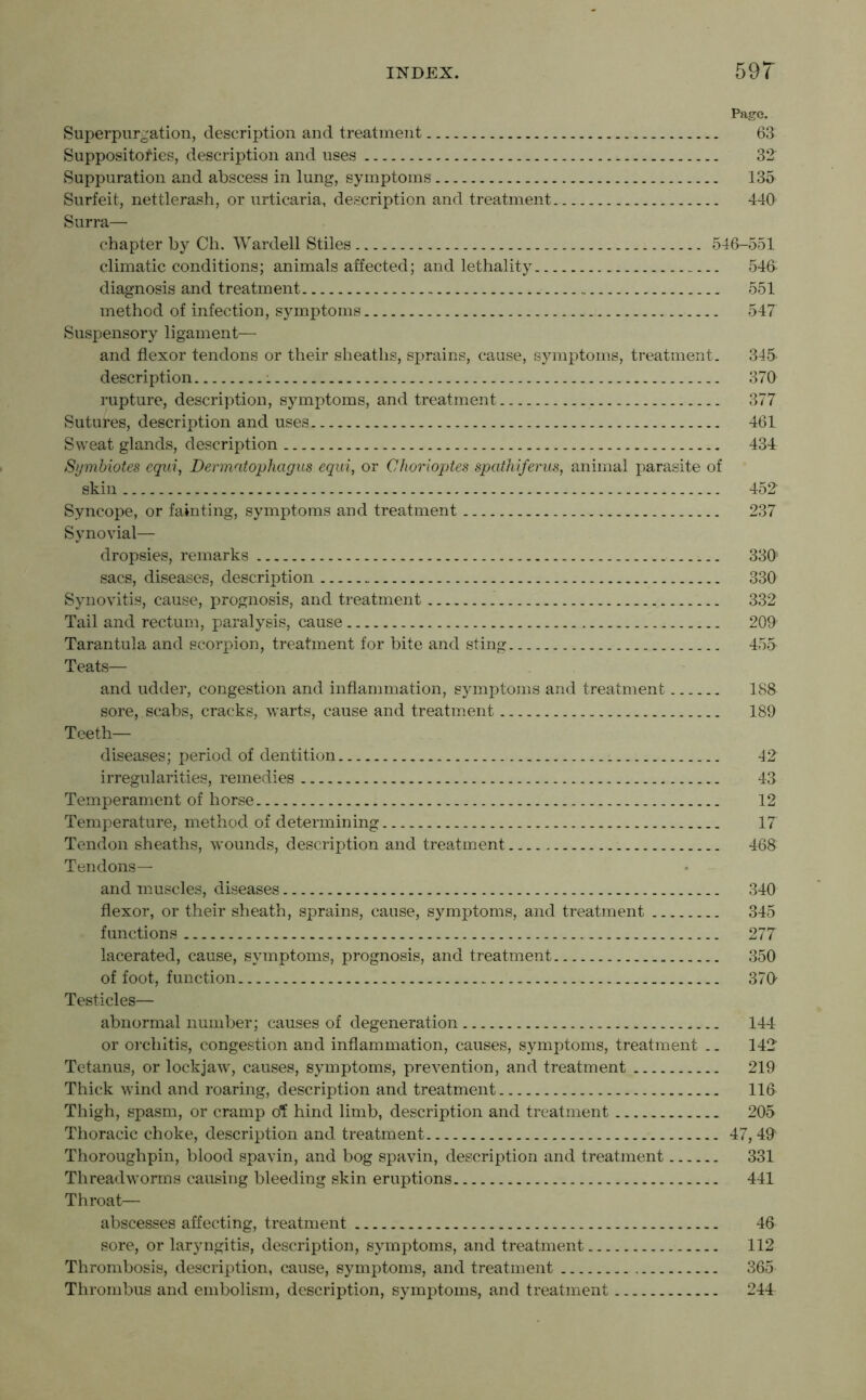 Page. Superpurgation, description and treatment 63 Suppositories, description and uses 32 Suppuration and abscess in lung, symptoms 135 Surfeit, nettlerash, or urticaria, description and treatment 440 Surra— chapter by Ch. Wardell Stiles 546-551 climatic conditions; animals affected; and lethality 546: diagnosis and treatment 551 method of infection, symptoms 547 Suspensory ligament— and flexor tendons or their sheaths, sprains, cause, symptoms, treatment. 345 description 370 rupture, description, symptoms, and treatment 377 Sutures, description and uses 461 Sweat glands, description 434 Symbiotes equi, Dermatophagus equi, or Chorioptes spcithiferus, animal parasite of skin 452 Syncope, or fainting, symptoms and treatment 237 Synovial— dropsies, remarks 330’ sacs, diseases, description 330 Synovitis, cause, prognosis, and treatment 332 Tail and rectum, paralysis, cause 200 Tarantula and scorpion, treatment for bite and sting 455 Teats— and udder, congestion and inflammation, symptoms and treatment 188 sore, , scabs, cracks, warts, cause and treatment 189 Teeth— diseases; period of dentition 42 irregularities, remedies 43 Temperament of horse 12 Temperature, method of determining 17 Tendon sheaths, wounds, description and treatment 468 Tendons— and muscles, diseases 340 flexor, or their sheath, sprains, cause, symptoms, and treatment 345 functions 277 lacerated, cause, symptoms, prognosis, and treatment 350 of foot, function 370- Testicles— abnormal number; causes of degeneration 144 or orchitis, congestion and inflammation, causes, symptoms, treatment .. 142 Tetanus, or lockjaw, causes, symptoms, prevention, and treatment 219 Thick wind and roaring, description and treatment 116 Thigh, spasm, or cramp of hind limb, description and treatment 205 Thoracic choke, description and treatment 47,491 Thoroughpin, blood spavin, and bog spavin, description and treatment 331 Threadworms causing bleeding skin eruptions 441 Throat— abscesses affecting, treatment 46 sore, or laryngitis, description, symptoms, and treatment 112 Thrombosis, description, cause, symptoms, and treatment 365 Thrombus and embolism, description, symptoms, and treatment 244