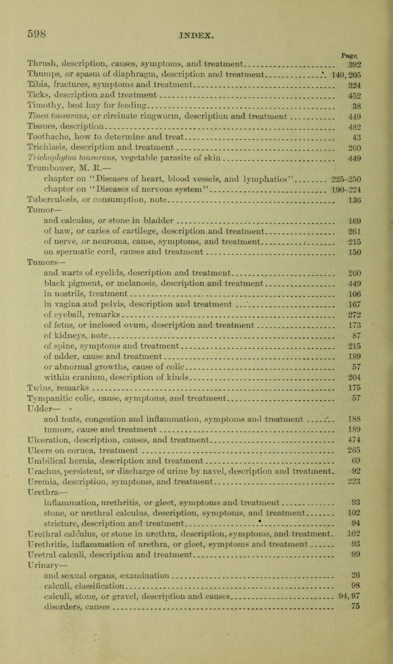 Page. Thrush, description, causes, symptoms, and treatment 392 Thumps, or spasm of diaphragm, description and treatment 140, 205 Tibia, fractures, symptoms and treatment 324 Ticks, description and treatment 452 Timothy, best hay for feeding * 38 Tinea tonsurans, or circinate ringworm, description and treatment 449 Tissues, description 482 Toothache, how to determine and treat . 43 Trichiasis, description and treatment 260 Trichophyton tonsurans, vegetable parasite of skin 449 Trumbower, M. R.— chapter on “Diseases of heart, blood vessels, and lymphatics” 225-250 chapter on ‘ ‘ Diseases of nervous system ” . 190-224 Tuberculosis, or consumption, note 136 Tumor— and calculus, or stone in bladder 169 of haw, or caries of cartilege, description and treatment 261 of nerve, or neuroma, cause, symptoms, and treatment... _• 215 on spermatic cord, causes and treatment 150 Tumors— and warts of eyelids, description and treatment 260 black pigment, or melanosis, description and treatment 449 in nostrils, treatment 106 in vagina and pelvis, description and treatment ...' 167 of eyeball, remarks 272 of fetus, or inclosed ovum, description and treatment 173 of kidneys, note 87 of spine, symptoms and treatment 215 of udder, cause and treatment 189 or abnormal growths, cause of colic 57 within cranium, description of kinds 204 Twins, remarks 175 Tympanitic colic, cause, symptoms, and treatment 57 Udder— * and teats, congestion and inflammation, symptoms and treatment . 188 tumors, cause and treatment 189 Ulceration, description, causes, and treatment 474 Ulcers on cornea, treatment 265 Umbilical hernia, description and treatment 69 Urachus, persistent, or discharge of urine by navel, description and treatment. 92 Uremia, description, symptoms, and treatment 223 Urethra—■ inflammation, urethritis, or gleet, symptoms and treatment _.. 93 stone, or urethral calculus, description, symptoms, and treatment 102 stricture, description and treatment . 94 Urethral calculus, or stone in urethra, description, symptoms, and treatment. 102 Urethritis, inflammation of urethra, or gleet, symptoms and treatment 93 Uretral calculi, description and treatment 99 Urinary— and sexual organs, examination 26 calculi, classification 98 calculi, stone, or gravel, description and causes 94,97 disorders, causes ... 75