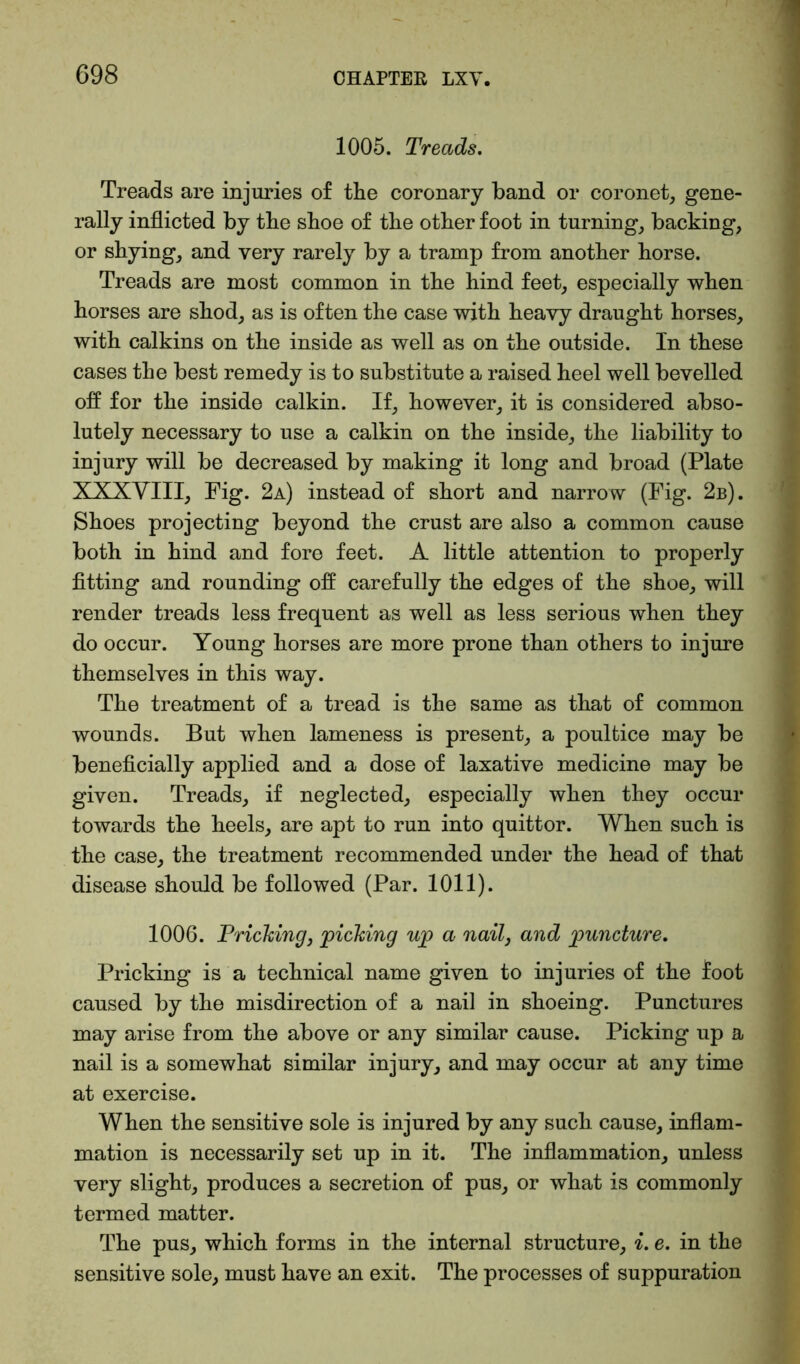1005. Treads. Treads are injuries of the coronary band or coronet, gene- rally inflicted by the shoe of the other foot in turning, backing, or shying, and very rarely by a tramp from another horse. Treads are most common in the hind feet, especially when horses are shod, as is often the case with heavy draught horses, with calkins on the inside as well as on the outside. 1'n these cases the best remedy is to substitute a raised heel well bevelled off for the inside calkin. If, however, it is considered abso- lutely necessary to use a calkin on the inside, the liability to injury will be decreased by making it long and broad (Plate XXXVIII, Fig. 2a) instead of short and narrow (Fig. 2b). Shoes projecting beyond the crust are also a common cause both in hind and fore feet. A little attention to properly fitting and rounding off carefully the edges of the shoe, will render treads less frequent as well as less serious when they do occur. Young horses are more prone than others to injure themselves in this way. The treatment of a tread is the same as that of common wounds. But when lameness is present, a poultice may be beneficially applied and a dose of laxative medicine may be given. Treads, if neglected, especially when they occur towards the heels, are apt to run into quittor. When such is the case, the treatment recommended under the head of that disease should be followed (Par. 1011). 1006. Pricking} picking up a nail} and puncture. Pricking is a technical name given to injuries of the foot caused by the misdirection of a nail in shoeing. Punctures may arise from the above or any similar cause. Picking up a nail is a somewhat similar injury, and may occur at any time at exercise. When the sensitive sole is injured by any such cause, inflam- mation is necessarily set up in it. The inflammation, unless very slight, produces a secretion of pus, or what is commonly termed matter. The pus, which forms in the internal structure, i. e. in the sensitive sole, must have an exit. The processes of suppuration
