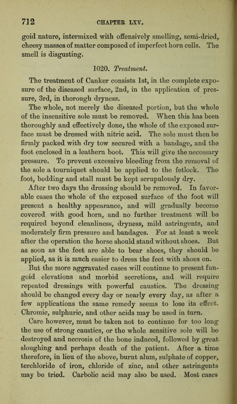 goid nature, intermixed with offensively smelling, semi-dried,, cheesy masses of matter composed of imperfect horn cells. The smell is disgusting. 1020. Treatment. The treatment of Canker consists 1st, in the complete expo- sure of the diseased surface, 2nd, in the application of pres- sure, 3rd, in thorough dryness. The whole, not merely the diseased portion, but the whole of the insensitive sole must be removed. When this has been thoroughly and effectively done, the whole of the exposed sur- face must be dressed with nitric acid. The sole must then be firmly packed with dry tow secured with a bandage, and the foot enclosed in a leathern boot. This will give the necessary pressure. To prevent excessive bleeding from the removal of the sole a tourniquet should be applied to the fetlock. Tho foot, bedding and stall must be kept scrupulously dry. After two days the dressing should be removed. In favor- able cases the whole of the exposed surface of the foot will present a healthy appearance, and will gradually become covered with good horn, and no further treatment will be required beyond cleanliness, dryness, mild astringents, and moderately firm pressure and bandages. For at least a week after the operation the horse should stand without shoes. But as soon as the feet are able to bear shoes, they should be applied, as it is much easier to dress the feet with shoes on. But the more aggravated cases will continue to present fun- goid elevations and morbid secretions, and will require repeated dressings with powerful caustics. The dressing should be changed every day or nearly every day, as after a few applications the same remedy seems to lose its effect. Chromic, sulphuric, and other acids may be used in turn. Care however, must be taken not to continue for too long the use of strong caustics, or the whole sensitive sole will be destroyed and necrosis of the bone induced, followed by great sloughing and perhaps death of the patient. After a time therefore, in lieu of the above, burnt alum, sulphate of copper, terchloride of iron, chloride of zinc, and other astringents may be tried. Carbolic acid may also be used. Most cases