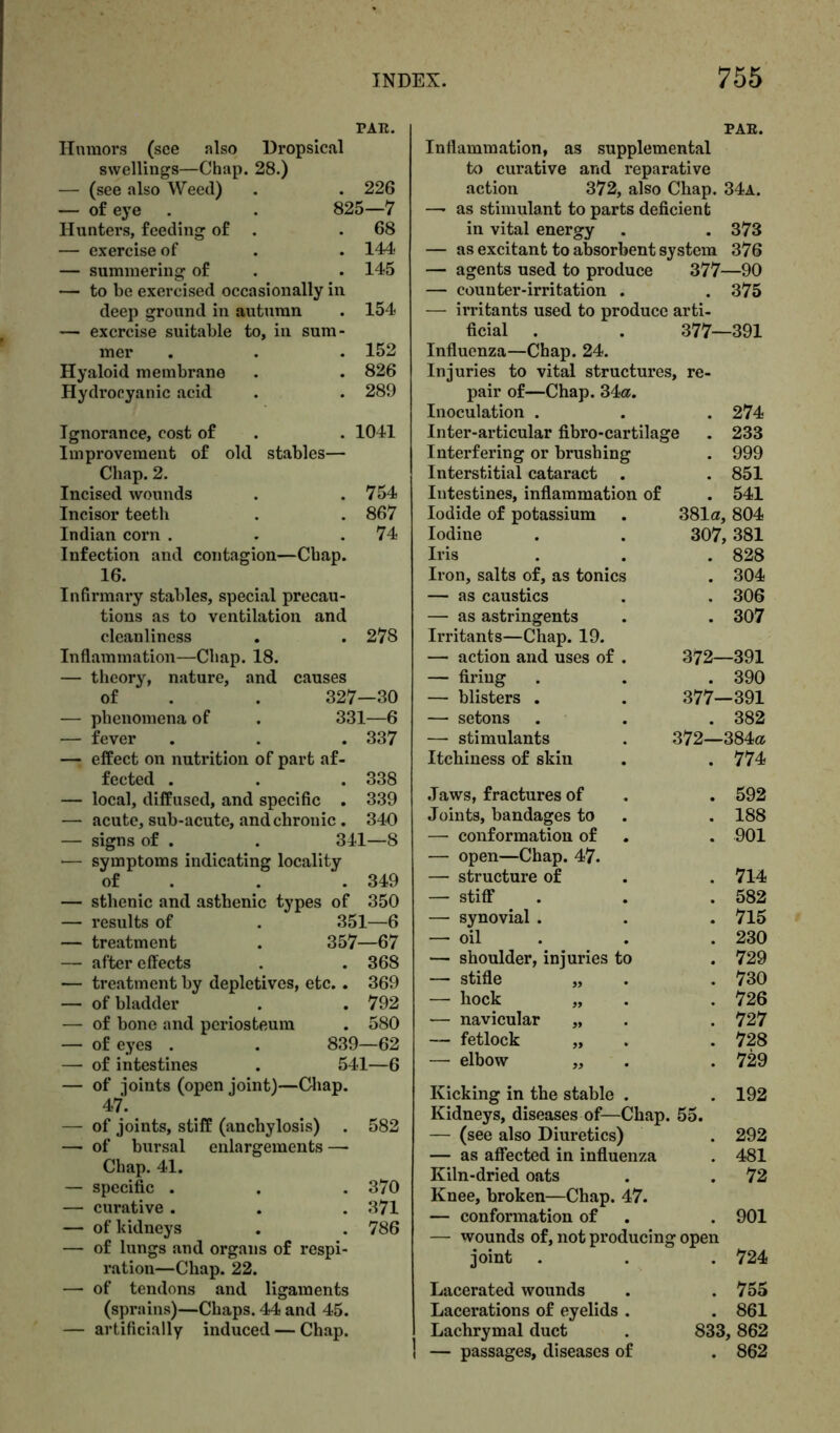 PAR. Humors (see also Dropsical swellings—Chap. 28.) — (see also Weed) . . 226 — of eye . . 825—7 Hunters, feeding of . .68 — exercise of . . 144 — summering of . . 145 — to be exercised occasionally in deep ground in autumn . 154 — exercise suitable to, in sum- mer . . . 152 Hyaloid membrane . . 826 Hydrocyanic acid . . 289 Ignorance, cost of . . 1041 Improvement of old stables— Chap. 2. Incised wounds . .754 Incisor teeth . . 867 Indian corn . . .74 Infection and contagion—Chap. 16. Infirmary stables, special precau- tions as to ventilation and cleanliness . . 278 Inflammation—Chap. 18. — theory, nature, and causes of . . 327—30 — phenomena of . 331—6 — fever . . . 337 — effect on nutrition of part af- fected . . .338 — local, diffused, and specific . 339 — acute, sub-acute, and chronic . 340 — signs of . . 341—8 •— symptoms indicating locality of . . 349 — sthenic and asthenic types of 350 — results of . 351—6 — treatment . 357—67 — aftereffects . . 368 — treatment by depletives, etc. . 369 — of bladder . . 792 — of bone and periosteum . 580 — of eyes . . 839—62 — of intestines . 541—6 — of joints (open joint)—Chap. 47. — of joints, stiff (anchylosis) 582 — of bursal enlargements — Chap. 41. — specific . 370 — curative . 371 — of kidneys 786 — of lungs and organs of respi- ration—Chap. 22. — of tendons and ligaments (sprains)—Chaps. 44 and 45. — artificially induced — Chap. PAR. Inflammation, as supplemental to curative and reparative action 372, also Chap. 34a. — as stimulant to parts deficient in vital energy . . 373 — as excitant to absorbent system 376 — agents used to produce 377—90 — counter-irritation . . 375 — irritants used to produce arti- ficial . . 377—391 Influenza—Chap. 24. Injuries to vital structures, re- pair of—Chap. 34a. Inoculation . . 274 Inter-articular fibro-cartilage . 233 Interfering or brushing . 999 Interstitial cataract . . 851 Intestines, inflammation of . 541 Iodide of potassium 381a, 804 Iodine 307, 381 Iris . 828 Iron, salts of, as tonics . 304 — as caustics . 306 — as astringents . 307 Irritants—Chap. 19. — action and uses of . 372—391 — firing . 390 — blisters . 377—391 — setons . 382 — stimulants 372—384a Itchiness of skin . 774 Jaws, fractures of . 592 Joints, bandages to . 188 — conformation of . 901 — open—Chap. 47. — structure of . 714 — stiff . 582 — synovial . . 715 — oil . 230 — shoulder, injuries to . 729 — stifle „ . 730 — hock „ . 726 — navicular „ . 727 — fetlock „ . 728 — elbow „ . 729 Kicking in the stable . . 192 Kidneys, diseases of—Chap. 55. — (see also Diuretics) . 292 — as affected in influenza . 481 Kiln-dried oats . 72 Knee, broken—Chap. 47. — conformation of . 901 — wounds of, not producing g open joint . 724 Lacerated wounds . 755 Lacerations of eyelids . . 861 Lachrymal duct 833, 862 — passages, diseases of . 862