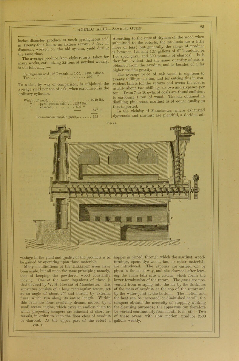 ■nfiiMMni inches diameter, produce as much pyroligneous acul in twenty-four hours as sixteen retorts, 3 feet m diameter, worked on the old system, yield diuing the same time. The average produce from eight retorts, taken for many weeks, carbonizing 22 tons of sawdust weekly, is the following Pyroligneous acid 10° Twaddle = T05,. .2484 gallons. Tar, 240  To which, by way of comparison, is subjoined the average yield per ton of oak, when carbonized in the ordinary cylinders. Weight of wood, 2240 lbs. “ pyroligneous acid, 1277 lbs. “ charcoal, 600 “ 1877 “ Loss—uncondensable gases, 363 “ According to the state of dryness of the wood when submitted to the retorts, the products are a little more or less; but generally the range of produce 1-03 spec, grav., and GOO pounds of charcoal. It is therefore evident that the same quantity of acid is obtained from the sawdust, and is besides of a far higher specific gravity. The average price of oak wood is eighteen to twenty shillings per ton, and for cutting this in con- venient billets for the retorts and ovens the cost is usually about two shillings to two and sixpence per ton. From 7 to 10 cwts. of coals are found sufficient to carbonize 1 ton of wood. The tar obtained in distilling pine wood sawdust is of equal quality to that imported. In the vicinity of Manchester, where exhausted dyewoods and sawdust are plentiful, a decided ad- vantage in the yield and quality of the products is to be gained by operating upon those materials. Many modifications of the IIalliday oven have been made, but all upon the same principle ; namely, that of keeping the powdered wood constantly moving. One of the most ingenious of these is that devised by W. II. Bowers of Manchester. His apparatus consists of a long rectangular retort, set at an angle of about 25° and heated by external flues, which run along its entire length. Within this oven are four revolving drums, moved by a small steam engine, which carry an endless chain to which projecting scrapers are attached at short in- tervals, in order to keep the floor clear of sawdust or charcoal. At the upper part of the retort a VOL. I. hopper is placed, through which the sawdust, wood- turnings, spent dye-wood, tan, or other materials, are introduced. The vapours are earned off by pipes in the usual way, and the charcoal after leav- ing the chain falls into a cistern, which forms the lower termination of the retort. The gases arc pre- vented from escaping into the air by the thickness of the mass of sawdust at the top of the retort and by the water-joint at the bottom. The motion and the heat can be increased or dimin'shed at will, the scrapers obviate the necessity of stopping working for cleansing purposes; the apparatus can therefore be worked continuously from month to month. Two of these ovens, with slow motion, produce 2500 gallons weekly. Fig. 24. 4