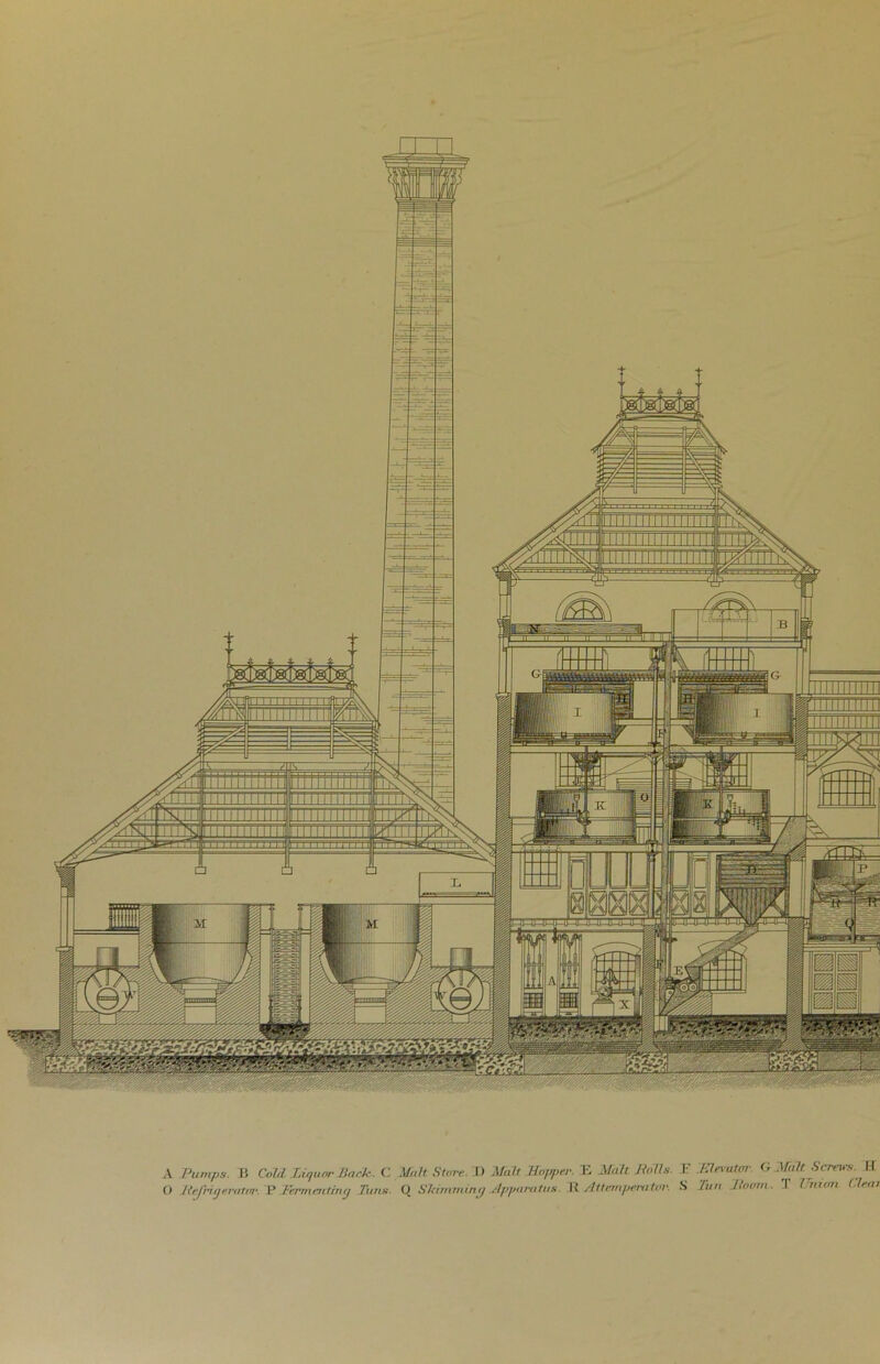 A Pumps. B Coll Jjujuor Jiach.. Citait Store. D Malt Hopper. E Mali Polls. E .Elevator. G Mult Screws. H O IteJHgeratvr. ~B Fermenting Tuns. Q Shimming Apparatus. It At tempera tor. S Tun Hoorn. T Inum (.lent