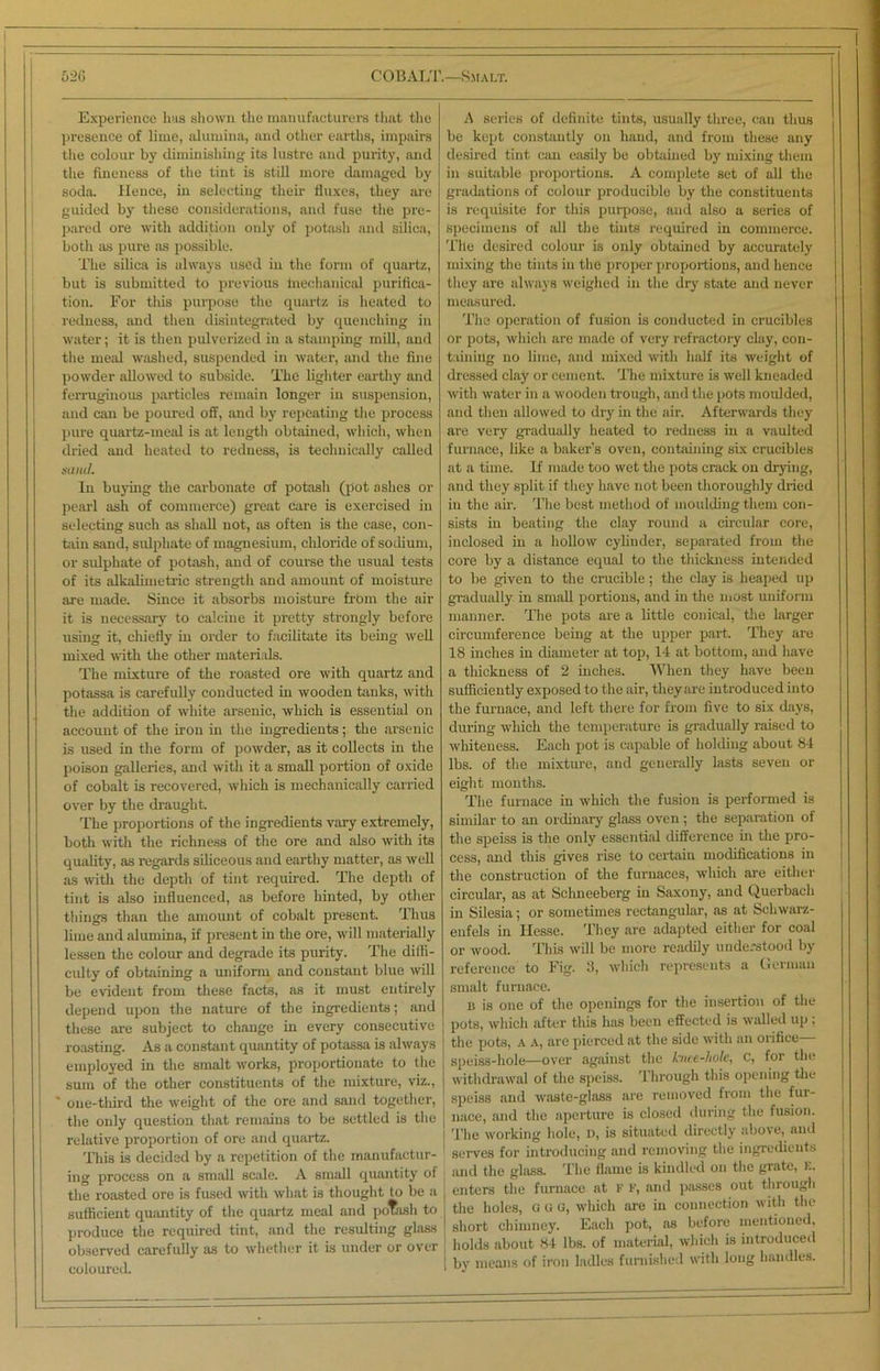 Experience has shown the manufacturers that the presence of lime, alumina, and other earths, impairs the colour by diminishing its lustre and purity, and the fineness of the tint is still more damaged by soda. Hence, in selecting their fluxes, they are guided by these considerations, and fuse the pre- pared ox-e with addition only of potash and silica, both as pure as possible. The silica is always used in the form of quartz, but is submitted to previous tnechanical purifica- tion. For this purpose the quartz is heated to redness, and then disintegrated by quenching in water; it is then pulverized in a stamping mill, and the meal washed, suspended in water, and the fine powder allowed to subside. The lighter earthy and ferruginous particles remain longer in suspension, and can be poured off, and by repeating the process pure quartz-meal is at length obtained, which, when dried and heated to redness, is technically called sand. In buying the carbonate of potash (pot ashes or pearl ash of commerce) great care is exercised in selecting such as shall not, as often is the case, con- tain sand, sulphate of magnesium, chloride of sodium, or sulphate of potash, and of course the usual tests of its alkalimetric strength and amount of moisture are made. Since it absorbs moisture from the air it is necessary to calcine it pretty strongly before using it, chiefly in order to facilitate its being well mixed with the other materials. The mixture of the roasted ore with quartz and potassa is carefully conducted in wooden tanks, with the addition of white arsenic, which is essential on account of the iron in the ingredients; the arsenic is used in the form of powder, as it collects in the poison galleries, and with it a small portion of oxide of cobalt is recovered, which is mechanically carried over by the draught. The proportions of the ingredients vary extremely, both with the riclmess of the ore and also with its quality, as regards siliceous and earthy matter, as well as with the depth of tint required. The depth of tint is also influenced, as before hinted, by other things than the amount of cobalt present. Thus lime and alumina, if present in the ore, will materially lessen the colour and degrade its purity. The diffi- culty of obtaining a uniform and constant blue will be evident from these facts, as it must entirely depend upon the nature of the ingredients; and these are subject to change in every consecutive roasting. As a constant quantity of potassa is always employed in the smalt works, proportionate to the sum of the other constituents of the mixture, viz., * one-third the weight of the ore and sand together, the only question that remains to be settled is the relative proportion of ore and quartz. This is decided by a repetition of the manufactur- ing process on a small scale. A small quantity of the roasted ore is fused with what is thought to be a sufficient quantity of the quartz meal and potash to produce the required tint, and the resulting glass observed carefully as to whether it is under or over coloured. A series of definite tints, usually three, can thus be kept constantly on hand, and from these any desired tint can easily be obtained by mixing them in suitable proportions. A complete set of all the gradations of colour producible by the constituents is requisite for this purpose, and also a series of specimens of all the tints required in commerce. The desired colour is only obtained by accurately mixing the tints in the proper proportions, and hence they are always weighed in the dry state and never measured. The operation of fusion is conducted in crucibles or pots, which are made of very refractory clay, con- taining no lime, and mixed with half its weight of dressed clay or cement. The mixture is well kneaded with water in a wooden trough, and the pots moulded, and then allowed to dry in the air. Afterwards they are very gradually heated to redness in a vaulted furnace, like a baker’s oven, containing six crucibles at a time. If made too wet the pots crack on drying, and they split if they have not been thoroughly dried in the ah. The best method of moulding them con- sists in beating the clay round a circular core, inclosed in a hollow cylinder, separated from the core by a distance equal to the thickness intended to be given to the crucible; the clay is heaped up gradually in small portions, and in the most uniform manner. The pots are a little conical, the larger circumference being at the upper part. They are 18 inches in diameter at top, 14 at bottom, and have a thickness of 2 inches. When they have been sufficiently exposed to the air, they are introduced into the furnace, and left there for from five to six days, during which the temperature is gradually raised to whiteness. Each pot is capable of holding about 84 lbs. of the mixture, and generally lasts seven or eight months. The furnace in which the fusion is performed is similar to an ordinary glass oven; the separation of the speiss is the only essential difference in the pro- cess, and this gives rise to certain modifications in the construction of the furnaces, which are either circular, as at Schneeberg in Saxony, and Querbach in Silesia; or sometimes rectangular, as at Schwarz- enfels in Ilesse. They are adapted either for coal or wood. This will be more readily understood by reference to Fig. 3, which represents a German smalt furnace. b is one of the openings for the insertion of the pots, which after this has been effected is walled up ; the pots, A A, are pierced at the side with an orifice— speiss-hole—over against the knee-hole, c, for the withdrawal of the speiss. Through this opening the speiss and waste-glass are removed from the fur- nace, and the aperture is closed during the fusion. The working hole, D, is situated directly above, and serves for introducing and removing the ingredients and the glass. The flame is kindled on the grate, e. enters the furnace at F F, and passes out through the holes, ggg, which are in connection with the short chimney. Each pot, as before mentioned, holds about 84 lbs. of material, which is introduced by means of iron ladles furnished with long handles.