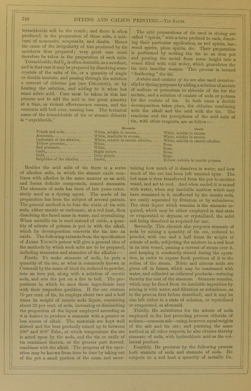 tetrachloride will be the result ; and there is often produced, in the preparation of these salts, a mix- ture of monosalts, sesquisalts, and disalts. Hence the cause of the irregularity of tint produced by tin mordants thus prepared; very great care must therefore be taken in the preparation of such salts. Tetrachloride, SnCl4, is often desirable as a mordant, and in that case it may be prepared by dissolving some crystals of the salts of tin, or a quantity of single or double muriate, and passing through the solution a current of chlorine gas (see Chlorine), or by heating the solution, and adding to it when hot some nitric acid. Care must be taken in this last process not to add the acid in too great quantity at a time, as violent effervescence ensues, and the contents will boil over, causing loss. The technical name of the tetrachloride of tin or stannic chloride is “ oxychloride. Mon Potash and soda White, soluble in e Ammonia, White, insoluble in Carbonate of the alkalies, White, soluble in c. Yellow pmssiate, White, Red prussiate, White, Galls, Slight yellow Gold, Deep purple,. Sulphides of the alkalies, Brown,. .* Besides the acid salts of tin there is a series of alkaline salts, in which the stannic oxide com- bines with alkalies in the same manner as an acid, and forms definite compounds, named stannates. The stannate of soda has been of late years exten- sively used as a dyeing agent. The mode of its preparation has been the subject of several patents. The general method is to fuse the oxide of tin with soda, either caustic or carbonate, at a red heat, then dissolving the fused mass in water, and crystallizing. When metallic tin is used instead of oxide, a quan- tity of nitrate of potassa is put in with the alkali, which by decomposition converts the tin into an oxide. The following extracts from the specification of James Young’s patent will give a general idea of the methods by which such salts are to be prepared, including stannates and stannites of the alkalies:— Firstly. To make stannate of soda, he puts a quantity of tin ore, or what is commonly known in Cornwall by the name of black tin, reduced to powder, into an iron pot, along with a solution of caustic soda, and sets the pot on a fire to boil. The pro- portions in which he uses these ingredients vary with their respective qualities. If the ore contain 70 per cent, of tin, he employs about two and a half times its weight of caustic soda liquor, containing about 22 per cent, of soda, increasing or diminishing the proportion of the liquor employed according as it is desired to produce a stannate with a greater or less excess of alkali. The materials are kept well stirred and the heat gradually raised up to between 500° and 600° Fahr., at which temperature the ore is acted upon by the soda, and the tin or oxide of tin contained therein, or the greater part thereof, combines with the alkali. The progress of the oper- ation may be known from time to time by taking out of the pot a small portion of the mass, and ascer- The acid preparations of tin used in dyeing are called “ spirits,” with a term prefixed to each, denot- ing their particular application, as red spirits, bar- wood spirits, plum spirits, &c. Their preparation is performed by melting the tin iu an iron pot and pouring the metal from some height into a vessel filled with cold water, which granulates the tin into lamellar masses. This process is termed “feathering” the tin. Acetates and oxalates of tin are also used occasion- ally for dyeing purposes by adding a solution of acetate of sodium or potassium to chloride of tin for the acetate, and a solution of oxalate of soda or potassa for the oxalate of tin. In both cases a double decomposition takes place, the chlorine combining with the alkali and the acid with the tin. The reactions and the precipitates of the acid salts of j tin, with other reagents, are as follow:— omits. Disalts. excess, White, soluble in excess. uistic alkalies, ..... White, soluble in caustic alkalies. taming how much of it dissolves in water, and how much of the ore has been left unacted upon. The hot mass is then transferred from the pot to another vessel, and set to cool. And when cooled it is mixed with water, when any insoluble matters which may have remained in it, unaffected by the caustic soda, are easily separated by filtration or by subsidence. The clear liquor which remains is the stannate re- quired, which may be either employed in that state or evaporated to dryness, or crystallized, the solid salt being dissolved as required for use. Secondly. This chemist also prepares stannate of soda by mixing a quantity of tin ore, reduced to powder, with one and a half times its weight of nitrate of soda, subjecting the mixture to a red heat in an iron vessel, passing a current of steam over it, and keeping it constantly stirred during the opera- tion, in order to expose fresh portions of it to the action of the steam. Nitric and nitrous acids are given off in fumes, which may be condensed with water, and collected as collateral products—reducing thereby the cost of the stannate. Stannate remains, which may be freed from its insoluble impurities by mixing it with water, and filtration or subsidence, as in the process first before described; and it may be also left either in a state of solution, or crystallized or evaporated, as aforesaid. Thirdly. He substitutes for the nitrate of soda employed in the last preceding process chloride of sodium—common salt—using, however, equal weights of the salt and tin ore; and pursuing the same method in all other respects, he also obtains thereby stannate of soda, with hydrochloric acid as the col- lateral product. Fourthly. He procures by the following process both stannite of soda and stannate of soda. He subjects to a red heat a quantity of metallic tin,