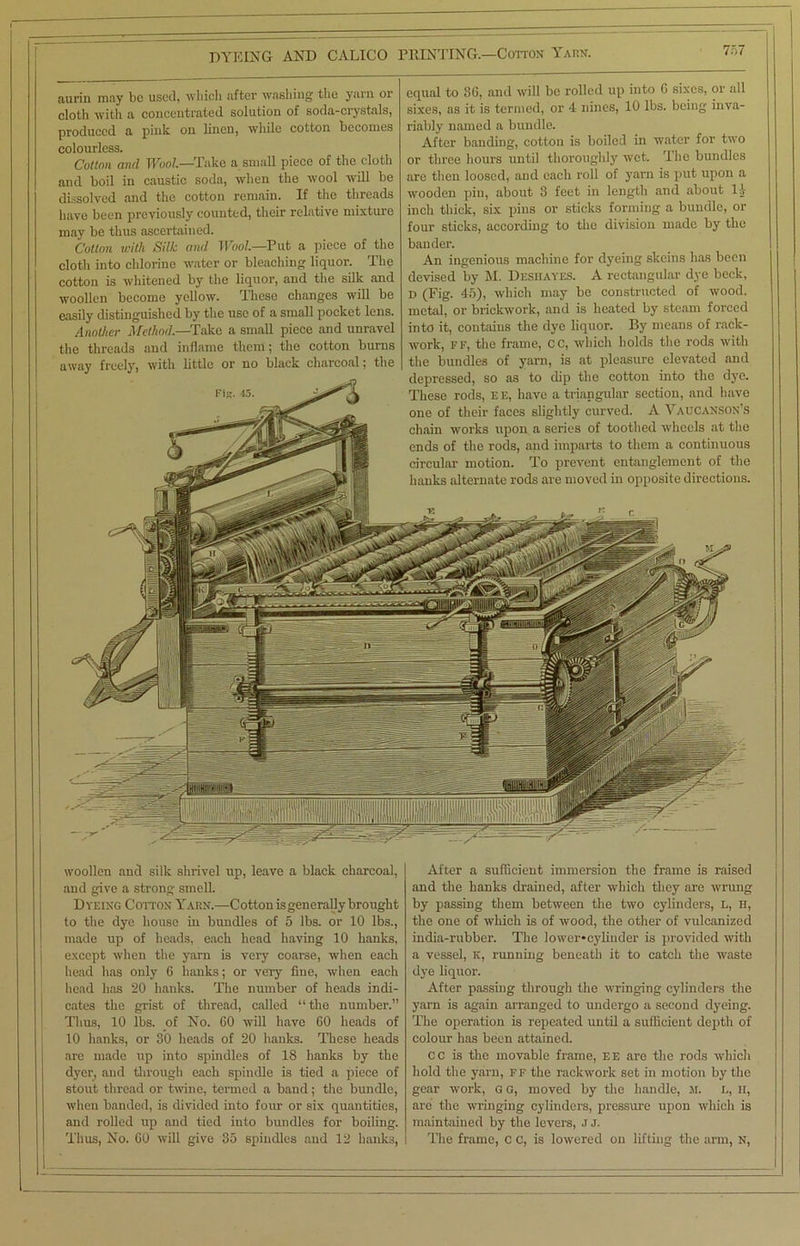 aurin may be used, which after washing the yarn or cloth with a concentrated solution of soda-crystals, produced a pink, on linen, while cotton becomes colourless. Cotton and Wool.—Take a small piece of the cloth and boil in caustic soda, when the wool will be dissolved and the cotton remain. If the threads have been previously counted, their relative mixture may be thus ascertained. Cotton with Silk and Wool—Put a piece of the cloth into chlorine water or bleaching liquor. The cotton is whitened by the liquor, and the silk and woollen become yellow. These changes will be easily distinguished by the use of a small pocket lens. Another Method.—Take a small piece and unravel the threads and inflame them; the cotton burns away freely, with little or no black charcoal; the Fig. 45. equal to 3G, and will be rolled up into 6 sixes, or all sixes, as it is termed, or 4 nines, 10 lbs. being inva- riably named a bundle. After banding, cotton is boiled in water for two or three hours until thoroughly wet. The bundles are then loosed, and each roll of yarn is put upon a wooden pin, about 3 feet in length and about 11- inch thick, six pins or sticks forming a bundle, or four sticks, according to the division made by the bander. An ingenious machine for dyeing skeins has been devised by M. Deshayes. A rectangular dye beck, d (Pig. 45), which may be constructed of wood, metal, or brickwork, and is heated by steam forced into it, contains the dye liquor. By means of rack- work, ff, the frame, CC, which holds the rods with the bundles of yarn, is at pleasure elevated and depressed, so as to dip the cotton into the dye. These rods, ee, have a triangular section, and have one of their faces slightly curved. A Vaucanson’s chain works upon a series of toothed wheels at the ends of the rods, and imparts to them a continuous circular motion. To prevent entanglement of the hanks alternate rods are moved in opposite directions. woollen and silk shrivel up, leave a black charcoal, and give a strong smell. Dyeing Cotton Yarn.—Cotton is generally brought to the dye house in bundles of 5 lbs. or 10 lbs., made up of heads, each head having 10 hanks, except when the yarn is very coarse, when each head has only 6 hanks; or very fine, when each head has 20 hanks. The number of heads indi- cates the grist of thread, called “ the number.” Thus, 10 lbs. of No. GO will have GO heads of 10 hanks, or 30 heads of 20 hanks. These heads are made up into spindles of 18 hanks by the dyer, and through each spindle is tied a piece of stout thread or twine, termed a band; the bundle, when banded, is divided into four or six quantities, and rolled up and tied into bundles for boiling. Thus, No. GO will give 35 spindles and 12 hanks, After a sufficient immersion the frame is raised and the hanks drained, after which they are wrung by passing them between the two cylinders, l, h, the one of which is of wood, the other of vulcanized india-rubber. The lower-cylinder is provided with a vessel, k, running beneath it to catch the waste dye liquor. After passing through the wringing cylinders the yarn is again arranged to undergo a second dyeing. The operation is repeated until a sufficient depth of colour has been attained. cc is the movable frame, ee are the rods which hold the yarn, ff the rackwork set in motion by the gear work, G G, moved by the handle, M. L, H, arc the wringing cylinders, pressure upon which is maintained by the levers, J J. I The frame, C C, is lowered on lifting the arm, N,