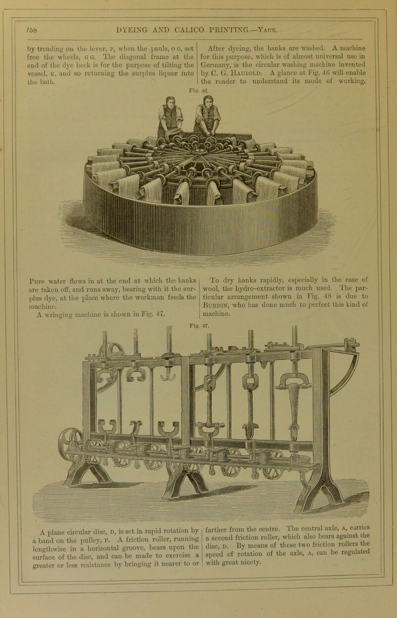 by treading ou the lever, p, when the pauls, o o, set free the wheels, G g. The diagonal frame at the end of the dye beck is for the purpose of tilting the vessel, k, and so returning the surplus liquor into the bath. After dyeing, the hanks are washed. A machine for this purpose, which is of almost universal use in Germany, is the circular washing machine invented by C. G. IIaubold. A glance at Fig. 40 will enable the reader to understand its mode of working. FIr. in. Pure water flows in at the end at which the hanks are taken off, and runs away, bearing with it the sur- plus dye, at the place where the workman feeds the machine. A wringing machine is shown in Fig. 47. To dry hanks rapidly, especially in the ease of wool, the hydro-extractor is much used. The par- ticular arrangement shown in Fig. 48 is due to Burdin, who lias done much to perfect this kind of machine. A plane circular disc, D, is set in rapid rotation by a band on the pulley, P. A friction roller, running lengthwise in a horizontal groove, bears upon the surface of the disc, and can be made to exercise a greater or less resistance by bringing it nearer to or farther from the centre. The central axle, A, carries a second friction roller, which also bears against the disc, D. By means of these two friction rollers the speed of rotation of the axle, A, can be regulated with great nicety.