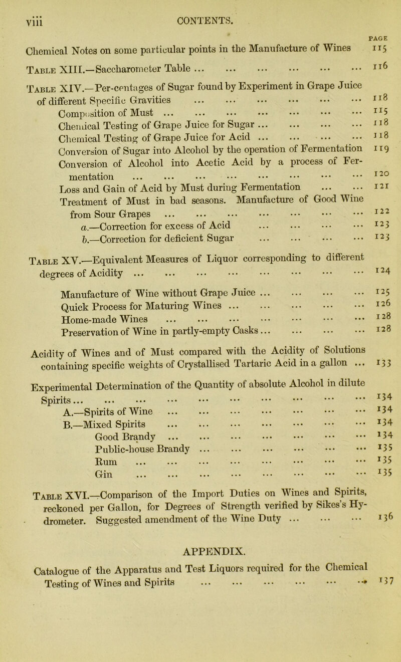 Vlll PAGE Chemical Notes on some particular points in the Manufacture of Wines 115 Table XIII.—Saccharometer Table 116 Table XIV.—Per-centages of Sugar found by Experiment in Grape Juice of different Specific Gravities ... ... ••• ••• ••• ••• 118 Composition of Must ... ... ... ••• • •• ••• ••• XI5 Chemical Testing of Grape Juice for Sugar 118 Chemical Testing of Grape Juice for Acid ... ... ... ••• 118 Conversion of Sugar into Alcohol by the operation of Fermentation 119 Conversion of Alcohol into Acetic Acid by a process of Fer- mentation ... ... ••• ••• ••• ••• ••• ••• 120 Loss and Gain of Acid by Must during Fermentation ... ... 121 Treatment of Must in bad seasons. Manufacture of Good Wine from Sour Grapes 122 a.—Correction for excess of Acid I23 b— Correction for deficient Sugar 123 Table XV.—Equivalent Measures of Liquor corresponding to different degrees of Acidity 124 Manufacture of Wine without Grape Juice I25 Quick Process for Maturing Wines 126 Home-made Wines ... ... ••• ••• ••• ••• ••• 128 Preservation of Wine in partly-empty Casks ... ... ••• ••• 128 Acidity of Wines and of Must compared with the Acidity of Solutions containing specific weights of Crystallised Tartaric Acid in a gallon ... Experimental Determination of the Quantity of absolute Alcohol in dilute Spirits A. —Spirits of Wine B. —Mixed Spirits Good Brandy Public-house Brandy Rum Gin ... ... 133 134 134 134 134 135 135 x35 Table XVI.—Comparison of the Import Duties on Wines and Spirits, reckoned per Gallon, for Degrees of Strength verified by Sikes’s Hy- drometer. Suggested amendment of the Wine Duty 136 APPENDIX. Catalogue of the Apparatus and Test Liquors required for the Chemical Testing of Wines and Spirits 137