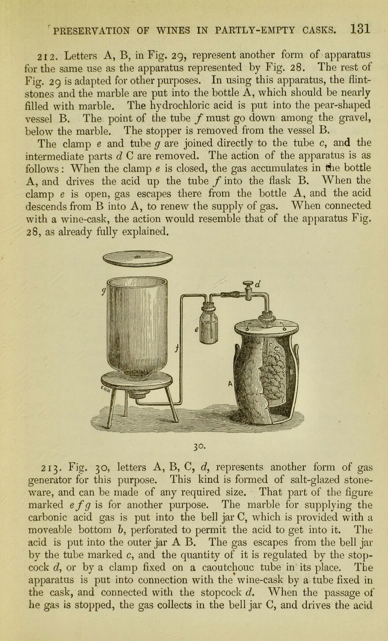 212. Letters A, B, in Fig. 29, represent another form of apparatus for the same use as the apparatus represented by Fig. 28. The rest of Fig. 29 is adapted for other purposes. In using this apparatus, the flint- stones and the marble are put into the bottle A, which should be nearly filled with marble. The hydrochloric acid is put into the pear-shaped vessel B. The point of the tube / must go down among the gravel, below the marble. The stopper is removed from the vessel B. The clamp e and tube g are joined directly to the tube c, and the intermediate parts d C are removed. The action of the apparatus is as follows: When the clamp e is closed, the gas accumulates in the bottle A, and drives the acid up the tube f into the flask B. When the clamp e is open, gas escapes there from the bottle A, and the acid descends from B into A, to renew the supply of gas. When connected with a wine-cask, the action would resemble that of the apparatus Fig. 28, as already fully explained. 3°. 213. Fig. 30, letters A, B, C, d, represents another form of gas generator for this purpose. This kind is formed of salt-glazed stone- ware, and can be made of any required size. That part of the figure marked efg is for another purpose. The marble for supplying the carbonic acid gas is put into the bell jar C, which is provided with a moveable bottom b, perforated to permit the acid to get into it. The acid is put into the outer jar A B. The gas escapes from the bell jar by the tube marked c, and the quantity of it is regulated by the stop- cock c?, or by a clamp fixed on a caoutchouc tube in its place. The apparatus is put into connection with the wine-cask by a tube fixed in the cask, and connected with the stopcock d. When the passage of he gas is stopped, the gas collects in the bell jar C, and drives the acid