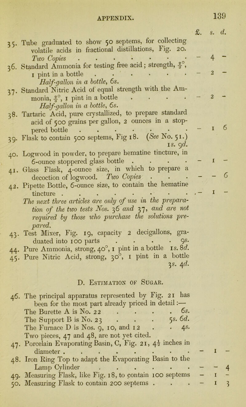 £. s. d. 35. Tube graduated to show 50 septerns, for collecting volatile acids in fractional distillations, lig. 20. Two Copies . . • • • • . — 4 ~ 36. Standard Ammonia for testing free acid; strength, 4°: 1 pint in a bottle . . • • • 2 - Half-gallon in a bottle, 6s. 37. Standard Nitric Acid of equal strength with the Am- monia, 40, 1 pint in a bottle . . • “ 2 “ Half-gallon in a bottle, 6s. 38. Tartaric Acid, pure crystallized, to prepare standard acid of 500 grains per gallon, 2 ounces in a stop- pered bottle . . • • • • .-16 39. Flask to contain 500 septems, Fig 18. (See No. 51.) is. 9d. 40. Logwood in powder, to prepare hematine tincture, in 6-ounce stoppered glass bottle . . . . - 1 - 41. Glass Flask, 4-ounce size, in which to prepare a decoction of logwood. Two Copies . . . - - C 42. Pipette Bottle, 6-ounce size, to contain the hematine tincture . . • • • • • 1- The next three articles are only of use in the prepara- tion of the two tests Nos. 36 and 37, and are not required by those who purchase the solutions pre- pared. 43. Test Mixer, Fig. 19, capacity 2 decigallons, gra- duated into 100 parts . • • .9s. 44. Pure Ammonia, strong, 409 1 pint in a bottle is. 8c/. 43. Pure Nitric Acid, strong, 30°, 1 pint in a bottle 3 s. 4c/. D. Estimation of Sugar. 46. The principal apparatus represented by Fig. 21 has been for the most part already priced in detail:— The Burette A is No. 22 . . • . 6s. The Support B is No. 23 . . . 5s* The Furnace D is Nos. 9, 10, and 12 . .4s. Two pieces, 47 and 48, are not yet cited. 47. Porcelain Evaporating Basin, C, Fig. 21, 4i inches in diameter . . . . . . • . - 1 - 48. Iron Ring Top to adapt the Evaporating Basin to the Lamp Cylinder . . . . . . - - 4 49. Measuring Flask, like Fig. 18, to contain 100 septems — 1 - 30. Measuring Flask to contain 200 septems . . .-13