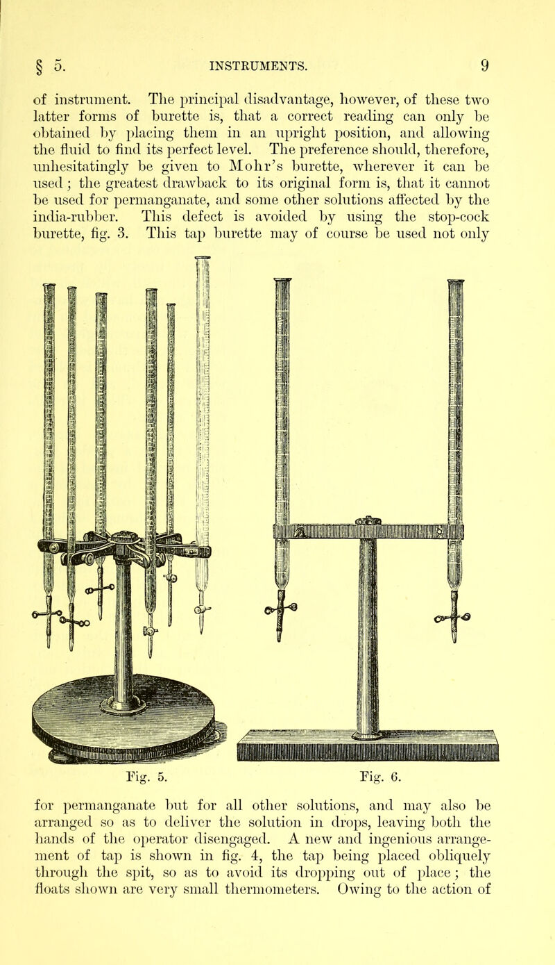 of instrument. Tlie principal disadvantage, however, of these two latter forms of burette is, that a correct reading can only be obtained by placing them in an upright position, and allowing the fluid to find its perfect level. The preference should, therefore, unhesitatingly be given to Mohr’s burette, wherever it can be used; the greatest drawback to its original form is, that it cannot be used for permanganate, and some other solutions affected by the india-rubber. This defect is avoided by using the stop-cock burette, fig. 3. This tap burette may of course be used not only Pig. 5. Pig. 6. for permanganate but for all other solutions, and may also be arranged so as to deliver the solution in drops, leaving both the hands of the operator disengaged. A new and ingenious arrange- ment of tap is shown in fig. 4, the tap being placed obliquely through the spit, so as to avoid its dropping out of place; the floats shown are very small thermometers. Owing to the action of