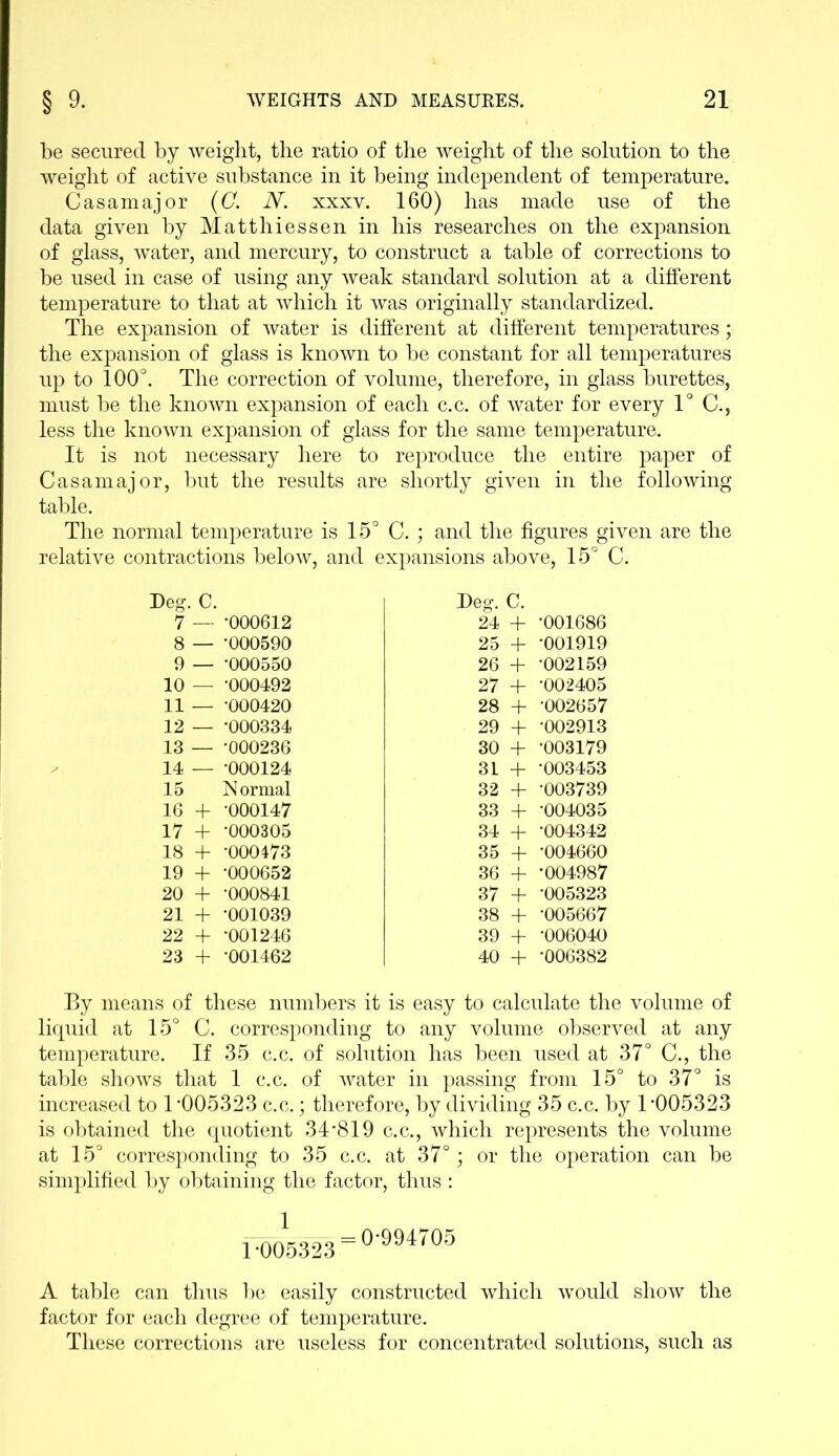 be secured by weight, the ratio of the weight of the solution to the weight of active substance in it being independent of temperature. Casamajor (CN. xxxv. 160) has made use of the data given by Matthiessen in his researches on the expansion of glass, water, and mercury, to construct a table of corrections to be used in case of using any weak standard solution at a different temperature to that at which it was originally standardized. The expansion of water is different at different temperatures; the expansion of glass is known to be constant for all temperatures up to 100°. The correction of volume, therefore, in glass burettes, must be the known expansion of each c.c. of water for every 1° C., less the known expansion of glass for the same temperature. It is not necessary here to reproduce the entire paper of Casamajor, but the results are shortly given in the following table. The normal temperature is 15° C.; and the figures given are the relative contractions below, and expansions above, 15° C. Deg. C. 7 — -000612 8 — -000590 9 — -000550 10 — -000492 11 — -000420 12 — *000334 13 — -000236 14 — -000124 15 Normal 16 + -000147 17 + -000305 18 + -000173 19 + -000652 20 + -000841 21 + -001039 22 + -001246 23 + -001462 Deg. C. 24 + -001686 25 + -001919 26 + -002159 27 + -002405 28 + -002657 29 + -002913 30 + -003179 31 + -003453 32 + -003739 33 + -004035 34 + -004342 35 + -004660 36 + -004987 37 + -005323 38 + -005667 39 + -006040 40 + -006382 By means of these numbers it is easy to calculate the volume of liquid at 15° C. corresponding to any volume observed at any temperature. If 35 c.c. of solution has been used at 37° C., the table shows that 1 c.c. of water in passing from 15° to 37° is increased to 1 -005323 c.c.; therefore, by dividing 35 c.c. by 1 *005323 is obtained the quotient 34-819 c.c., which represents the volume at 15° corresponding to 35 c.c. at 37°; or the operation can be simplified by obtaining the factor, thus : 1-005323 = 0'4705 A table can thus be easily constructed which would show the factor for each degree of temperature. These corrections are useless for concentrated solutions, such as