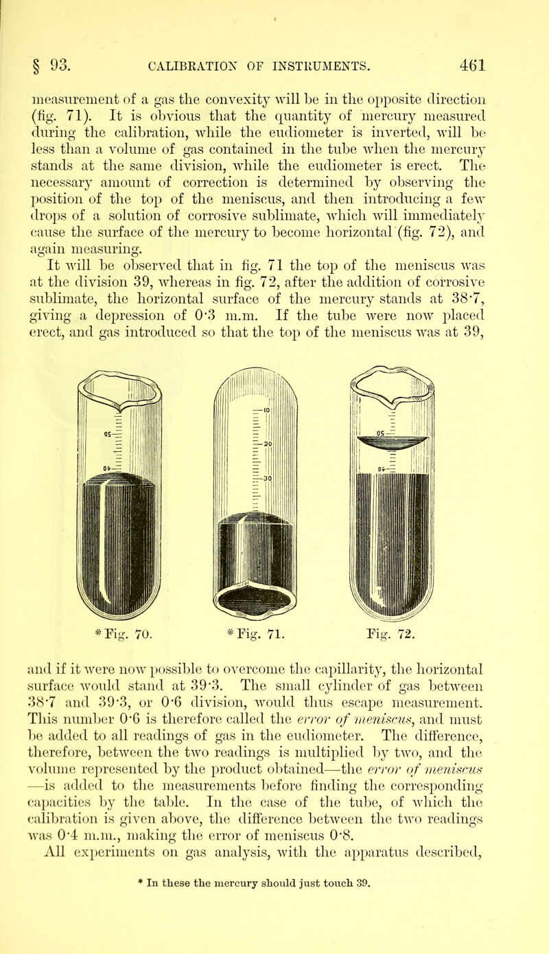 measurement of a gas the convexity will be in the opposite direction (fig. 71). It is obvious that the quantity of mercury measured during the calibration, while the eudiometer is inverted, will be less than a volume of gas contained in the tube when the mercury stands at the same division, while the eudiometer is erect. The necessary amount of correction is determined by observing the position of the top of the meniscus, and then introducing a few drops of a solution of corrosive sublimate, which will immediately cause the surface of the mercury to become horizontal'(fig. 72), and again measuring. It will be observed that in fig. 71 the top of the meniscus was at the division 39, whereas in fig. 72, after the addition of corrosive sublimate, the horizontal surface of the mercury stands at 38*7, giving a depression of 0-3 m.m. If the tube were now placed erect, and gas introduced so that the top of the meniscus was at 39, and if it were now possible to overcome the capillarity, the horizontal surface would stand at 39’3. The small cylinder of gas between 38'7 and 39’3, or 0‘6 division, would thus escape measurement. This number 0’6 is therefore called the error of meniscus, and must be added to all readings of gas in the eudiometer. The difference, therefore, between the two readings is multiplied by two, and the volume represented by the product obtained—the error of meniscus —is added to the measurements before finding the corresponding capacities by the table. In the case of the tube, of which the calibration is given above, the difference between the two readings was 0*4 m.m., making the error of meniscus 0'8. All experiments on gas analysis, with the apparatus described, In these the mercury should just touch 39.
