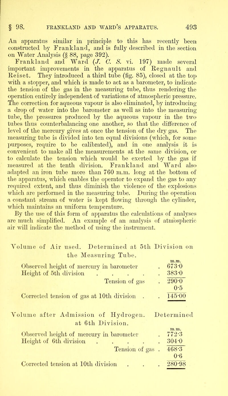 An apparatus similar in principle to this has recently been constructed by Frankland, and is fully described in the section on Water Analysis (§ 88, page 392). Frankland and Ward (/. C. S. vi. 197) made several important improvements in the apparatus of Regnault and Reiset. They introduced a third tube (fig. 85), closed at the top with a stopper, and which is made to act as a barometer, to indicate the tension of the gas in the measuring tube, thus rendering the operation entirely independent of variations of atmospheric pressure. The correction for aqueous vapour is also eliminated, by introducing a drop of water into the barometer as well as into the measuring tube, the pressures produced by the aqueous vapour in the two tubes thus counterbalancing one another, so that the difference of level of the mercury gives- at once the tension of the dry gas. The measuring tube is divided into ten equal divisions (which, for some purposes, require to be calibrated), and in one analysis it is convenient to make all the measurements at the same division, or to calculate the tension which would be exerted by the gas if measured at the tenth division. Frankland and Ward also adapted an iron tube more than 760 m.m. long at the bottom of the apparatus, which enables the operator to expand the gas to any required extent, and thus diminish the violence of the explosions which are performed in the measuring tube. During the operation a constant stream of water is kept flowing through the cylinder, which maintains an uniform temperature. By the use of this form of apparatus the calculations of analyses are much simplified. An example of an analysis of atmospheric air will indicate the method of using the instrument. Volume of Air used. Determined at 5th Division on the Measuring Tube. m.m. Observed height of mercury in barometer . 673 '0 Height of 5th division ..... 383*0 Tension of gas . 290’0 0-5 Corrected tension of gas at 10th division . . 145-00 Volume after Admission of Hydrogen. Determined at 6th Division. Observed height of mercury in barometer . 772‘3 Height of 6th division ..... 304-0 Tension of gas . 468-3 0-6 . 280-98 Corrected tension at 10th division