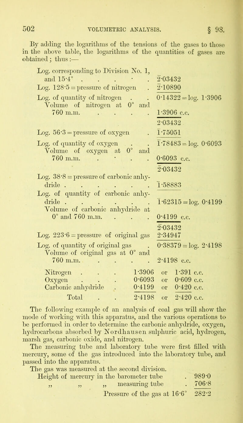 Ey adding the logarithms of the tensions of the gases to those in the above table, the logarithms of the quantities of gases are obtained; thus :— Log. corresponding to Division No. 1, and 15*4° . Log. 128 ‘5 = pressure of nitrogen Log. of quantity of nitrogen Volume of nitrogen at 0° and 760 man 2-03432 2-10890 0- 14322 = log. 1-3906 1- 3906 c.c. 2-03432 Log. 56-3 = pressure of oxygen . X’75051 Log. of quantity of oxygen . . 1-78483 = log. 0-6093 Volume of oxygen at 0° and 760 man. . 0-6093 c.c. 2-03432 Log. 38-8 = pressure of carbonic anhy- dride 1-58883 Log. of quantity of carbonic anhy- dride 1-62315= log. 0-4199 Volume of carbonic anhydride at 0° and 760 man. . . . 0*4199 c.c. Log. 223-6 = pressure of original gas Log. of quantity of original gas Volume of original gas at 0° and 760 man. . . . . 2-03432 2-34947 0*38379 = log. 2-4198 2-4198 c.c. Nitrogen 1-3906 or 1-391 c.c. Oxygen 0-6093 or 0*609 c.c. Carbonic anhydride 0-4199 or 0-420 c.c. Total 2-4198 or 2-420 c.c. The following example of an analysis of coal gas will show the mode of working with this apparatus, and the various operations to be performed in order to determine the carbonic anhydride, oxygen, hydrocarbons absorbed by Nordhausen sulphuric acid, hydrogen, marsh gas, carbonic oxide, and nitrogen. The measuring tube and laboratory tube were first filled with mercury, some of the gas introduced into the laboratory tube, and passed into the apparatus. The gas was measured at the second division. Height of mercury in the barometer tube . 989-0 „ „ ,, measuring tube . 706*8 Pressure of the gas at 16-6° 282-2