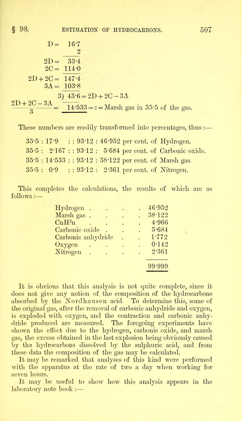 D= 1 6*7 2D = 33-4 2C = 114-0 2D + 2C = 147-4 3A = 103-8 3) 43*6 = 2D + 2C — 3A 91)4.90 - SA -g = 14-533 = g = Marsh gas in 35-5 of the gas. These numbers are readily transformed into percentages, thus 35-5 17-9 : : 93-12 46-952 per cent, of Hydrogen. 35-5 2T67 : : 93T2 5'684 per cent, of Carbonic oxide. 35-5 14-533 : : 93-12 38*122 per cent, of Marsh gas. 35-5 0-9 : : 93-12 2*361 per cent, of Mtrogen. This completes the calculations, the results of which are as follows:— Hydrogen . . 46-952 Marsh gas . . 38-122 CnH2n . 4-966 Carbonic oxide . . 5-684 Carbonic anhydride 1-772 Oxygen . . 0-142 Mtrogen . . 2-361 99-999 It is obvious that this analysis is not quite complete, since it does not give any notion of the composition of the hydrocarbons absorbed by the Nordhausen acid. To determine this, some of the original gas, after the removal of carbonic anhydride and oxygen, is exploded with oxygen, and the contraction and carbonic anhy- dride produced are measured. The foregoing experiments have shown the effect due to the hydrogen, carbonic oxide, and marsh gas, the excess obtained in the last explosion being obviously caused by the hydrocarbons dissolved by the sulphuric acid, and from these data the composition of the gas may be calculated. It may be remarked that analyses of this kind were performed with the apparatus at the rate of two a day when working for seven hours. It may be useful to show how this analysis appears in the laboratory note book :—