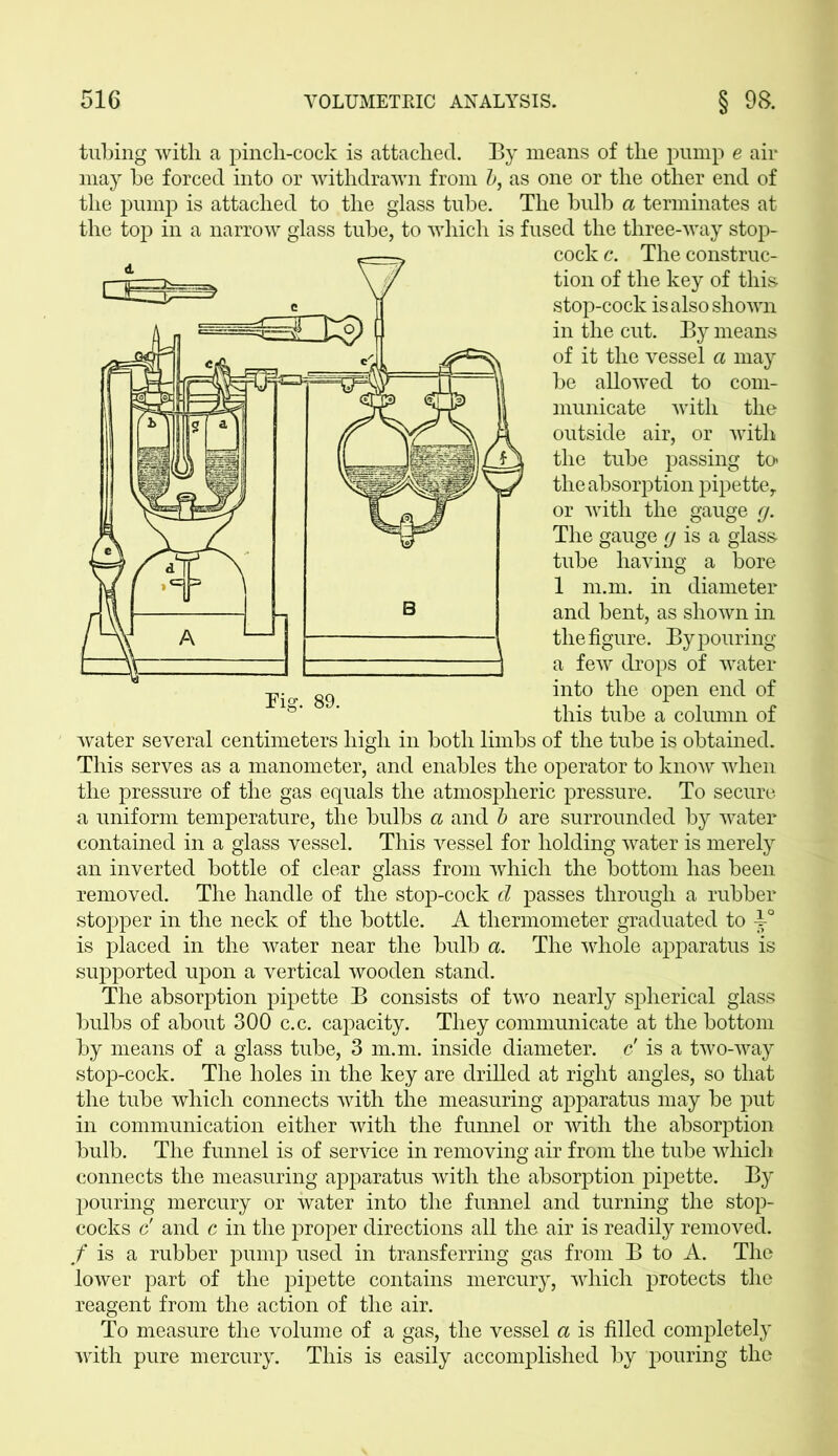 tubing with a pincli-cock is attached. By means of the pump e air may be forced into or withdrawn from b, as one or the other end of the pump is attached to the glass tube. The bulb a terminates at the top in a narrow glass tube, to which is fused the three-way stop- cock c. The construc- tion of the key of this stop-cock is also shown in the cut. By means of it the vessel a may be allowed to com- municate with the outside air, or with the tube passing to the absorption pipette,, or with the gauge cj. The gauge cj is a glass tube having a bore 1 m.m. in diameter and bent, as shown in the figure. By pouring a few drops of water into the open end of this tube a column of water several centimeters high in both limbs of the tube is obtained. This serves as a manometer, and enables the operator to know when the pressure of the gas equals the atmospheric pressure. To secure a uniform temperature, the bulbs a and b are surrounded by water contained in a glass vessel. This vessel for holding water is merely an inverted bottle of clear glass from which the bottom has been removed. The handle of the stop-cock d passes through a rubber stopper in the neck of the bottle. A thermometer graduated to -1° is placed in the water near the bulb a. The whole apparatus is supported upon a vertical wooden stand. The absorption pipette B consists of two nearly spherical glass bulbs of about 300 c.c. capacity. They communicate at the bottom by means of a glass tube, 3 m.m. inside diameter, c' is a two-way stop-cock. The holes in the key are drilled at right angles, so that the tube which connects with the measuring apparatus may be put in communication either with the funnel or with the absorption bulb. The funnel is of service in removing air from the tube which connects the measuring apparatus with the absorption pipette. By pouring mercury or water into the funnel and turning the stop- cocks c' and c in the proper directions all the air is readily removed. f is a rubber pump used in transferring gas from B to A. The lower part of the pipette contains mercury, which protects the reagent from the action of the air. To measure the volume of a gas, the vessel a is filled completely with pure mercury. This is easily accomplished by pouring the