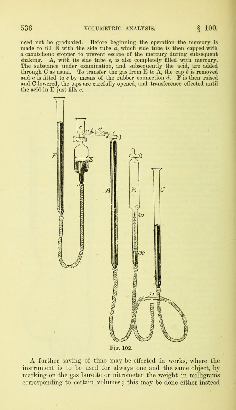 need not be graduated. Before beginning the operation the mercury is made to fill E with the side tube a, which side tube is then capped with a caoutchouc stopper to prevent escape of the mercury during subsequent shaking. A, with its side tube e, is also completely filled with mercury. The substance under examination, and subsequently the acid, are added through C as usual. To transfer the gas from E to A, the cap b is removed and a is fitted to e by means of the rubber connection d. F is then raised and C lowered, the taps are carefully opened, and transference effected until the acid in E just fills e. A further saving of time may be effected in works, where the instrument is to he used for always one and the same object, by marking on the gas burette or nitrometer the weight in milligrams corresponding to certain volumes; this may be done either instead