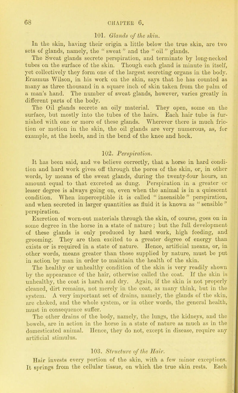 101. Glands of the shin. In the skin, having their origin a little below the true skin, are two sets of glands, namely, the “ sweat ” and the “ oil ” glands. The Sweat glands secrete perspiration, and terminate by long-necked tubes on the surface of the skin. Though each gland is minute in itself, yet collectively they form one of the largest secreting organs in the body. Erasmus Wilson, in his work on the skin, says that he has counted as many as three thousand in a square inch of skin taken from the palm of a man’s hand. The number of sweat glands, however, varies greatly in different parts of the body. The Oil glands secrete an oily material. They open, some on the surface, but mostly into the tubes of the hairs. Each hair tube is fur- nished with one or more of these glands. Wherever there is much fric- tion or motion in the skin, the oil glands are very numerous, as, for example, at the heels, and in the bend of the knee and hock. 102. Perspiration. It has been said, and we believe correctly, that a horse in hard condi- tion and hard work gives off through the pores of the skin, or, in other words, by means of the sweat glands, during the twenty-four hours, an amount equal to that excreted as dung. Perspiration in a greater or lesser degree is always going on, even when the animal is in a quiescent condition. When imperceptible it is called “ insensible ” perspiration, and when secreted in larger quantities as fluid it is known as “ sensible ” perspiration. Excretion of worn-out materials through the skin, of course, goes on in some degree in the horse in a state of nature; but the full development of these glands is only produced by hard work, high feeding, and grooming. They are then excited to a greater degree of energy than exists or is required in a state of nature. Hence, artificial means, or, in other words, means greater than those supplied by nature, must be put in action by man in order to maintain the health of the skin. The healthy or unhealthy condition of the skin is very readily shown by the appearance of the hair, otherwise called the coat. If the skin is unhealthy, the coat is hai'sh and dry. Again, if the skin is not properly cleaned, dirt remains, not merely in the coat, as many think, but in the system. A very important set of chains, namely, the glands of the skin, are choked, and the whole system, or in other words, the general health, must in consequence suffer. The other drains of the body, namely, the lungs, the kidneys, and the bowels, are in action in the horse in a state of nature as much as in the domesticated animal. Hence, they do not, except in disease, require any artificial stimulus. 103. Structure of the Hair. Hair invests every portion of the skin, with a few minor exceptions. It springs from the cellular tissuo, on which the true skin rests. Each