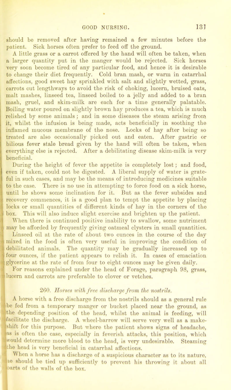 should be removed after having remained a few minutes before the patient. Sick horses often prefer to feed off the ground. A little grass or a carrot offered by the hand will often be taken, when a larger quantity put in the manger would be rejected. Sick horses very soon become tired of any particular food, and hence it is desirable to change their diet frequently. Cold bran mash, or warm in catarrhal affections, good sweet hay sprinkled with salt and slightly wetted, grass, carrots cut lengthways to avoid the risk of choking, lucem, bruised oats, malt mashes, linseed tea, linseed boiled to a jelly and added to a bran mash, gruel, and skim-milk are each for a time generally palatable. Boiling water poured on slightly brown hay produces a tea, which is much relished by some animals ; and in some diseases the steam arising from it, whilst the infusion is being made, acts beneficially in soothing the inflamed mucous membrane of the nose. Locks of hay after being so treated are also occasionally picked out and eaten. After gastric or bilious fever stale bread given by the hand will often be taken, when everything else is rejected. After a debilitating disease skim-milk is very beneficial. During the height of fever the appetite is completely lost; and food, even if taken, could not be digested. A liberal supply of water is grate- ful in such cases, and may be the means of introducing medicines suitable to the case. There is no use in attempting to force food on a sick horse, until he shows some inclination for it. But as the fever subsides and recovery commences, it is a good plan to tempt the appetite by placing locks or small quantities of different kinds of hay in the corners of the box. This will also induce slight exercise and brighten up the patient. When there is continued positive inability to swallow, some nuti'iment may be afforded by frequently giving oatmeal clysters in small quantities. Linseed oil at the rate of about two ounces in the course of the day mixed in the food is often very useful in improving the condition of debilitated animals. The quantity may be gradually increased up to four ounces, if the patient appears to relish it. In cases of emaciation glycerine at the rate of from four to eight ounces may be given daily. For reasons explained under the head of Forage, paragraph 98, grass, t lucem and carrots are preferable to clover or vetches. 260. Horses with free discharge from the nostrils. A horse with a free discharge from the nostrils should as a general rule be fed from a temporary manger or bucket placed near the ground, as the depending position of the head, whilst the animal is feeding, will facilitate the discharge. A wheel-barrow will serve very well as a make- shift for this purpose. But where the patient shows signs of headache, ; as is often the case, especially in feverish attacks, this position, which would determine more blood to the head, is very undesirable. Steaming the head is very beneficial in catarrhal affections. When a horse has a discharge of a suspicious character as to its nature, le should be tied up sufficiently to prevent his throwing it about all mrts of the walls of the box.