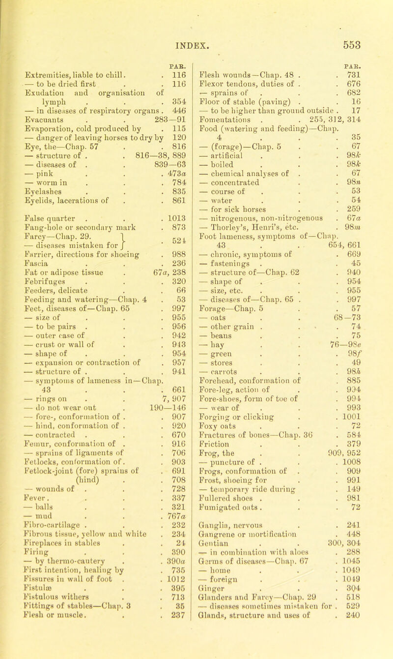 PAE. Extremities, liable to chill. . 116 — to be dried first . . 116 Exudation aud organisation of lymph . . . 354 — in diseases of respiratory organs . 446 Evacuants . . 283—91 Evaporation, cold produced by . 115 — danger of leaving horses to dry by 120 Eye, the—Chap. 57 . . 816 — structure of . . 816—38, 889 — diseases of . . 839—63 — pink . . . 473a — worm in . . 784 Eyelashes . . . 835 Eyelids, lacerations of . . 861 False quarter . . . 1013 Faug-hole or secondary mark . 873 Farcy—Chap. 29. 1 ^ j, -—- diseases mistaken for J Farrier, directious for shoeing . 988 Fascia . . . 236 Fat or adipose tissue . 67®, 238 Febrifuges . . . 320 Feeders, delicate . . 66 Feeding and watering—Chap. 4 . 53 Feet, diseases of—Chap. 65 . 997 — size of . . 955 — to be pairs . . . 956 — outer case of . . 942 — crust or wall of . . 943 — shape of . . 954 — expansion or contraction of . 957 — structure of . . . 941 — symptoms of lameness in—Chap. ‘43 661 — rings on . . 7, 907 — do not wear out . 190—146 — fore-, conformation of . . 907 — hind, conformation of . . 920 — contracted . . .670 Femur, conformation of . . 916 — sprains of ligaments of .706 Fetlocks, conformation of. . 903 Fetlock-joint (fore) sprains of . 691 (hind) . . 708 — wounds of . . 728 Fever.... 337 — balls . . .321 — mud . . . 767a Fibro-cartilage . . . 232 Fibrous tissue, yellow aud white . 234 Fireplaces in stables . . 21. Firing . . . 390 — by thermo-cautery . . 390a First intention, healing by . 735 Fissures in wall of foot . . 1012 Fistuloe . . . 395 Fistulous withers . . 713 Fittings of stables—Chap. 3 . 35 Flesh or muscle. . . 237 PAE. Flesh wounds—Chap. 48 . . 731 Flexor tendons, duties of . . 676 — sprains of . . 682 Floor of stable (paving) . . 16 — to be higher than ground outside . 17 Fomentations . . 255, 312, 314 Food (watering and feeding)—Chap. 4 . . .35 — (forage)—Chap. 5 .67 — artificial . . . 98& — boiled . . . 98& — chemical analyses of . .67 — concentrated . . 98 n — course of . .53 — water . . .54 — for sick horses . . 259 — nitrogenous, non-nitrogenous . 67a — Thorley’s, Henri’s, etc. . 98w Foot lameness, symptoms of—Chap. 43 . . 654, 661 — chronic, symptoms of . 669 — fastenings . . 45 — structure of—Chap. 62 . 940 — shape of . . 954 — size, etc. . . . 955 — diseases of—Chap. 65 . . 997 Forage—Chap. 5 . .57 — oats . . 68—73 — other grain . . .74 — beans . . .75 — hay . . 76—98e — green . . . 98 f — stores . . .49 — carrots . . . 98A Forehead, conformation of . 885 Fore-leg, action of . . 934 Fore-shoes, form of toe of . 994 — wear of . . 993 Forging or clicking . . 1001 Foxy oats . . .72 Fractures of bones—Chap. 36 . 584 Friction . . .379 Frog, the . . 909, 952 — puncture of . . . 1008 Frogs, conformation of . . 909 Frost, shoeing for . . 991 — temporary ride during . 149 Fullered shoes . . . 981 Fumigated oats. . .72 Ganglia, nervous . . 241 Gangrene or mortification . 448 Gentian . . 300, 304 — in combination with aloes . 288 Germs of diseases—Chap. 67 . 1045 — home . . . 1049 — foreign . . . 1019 Ginger . . . 3Q4 Glanders and Farcy—Chap. 29 . 518 — diseases sometimes mistaken for . 529 Glands, structure and uses of . 240