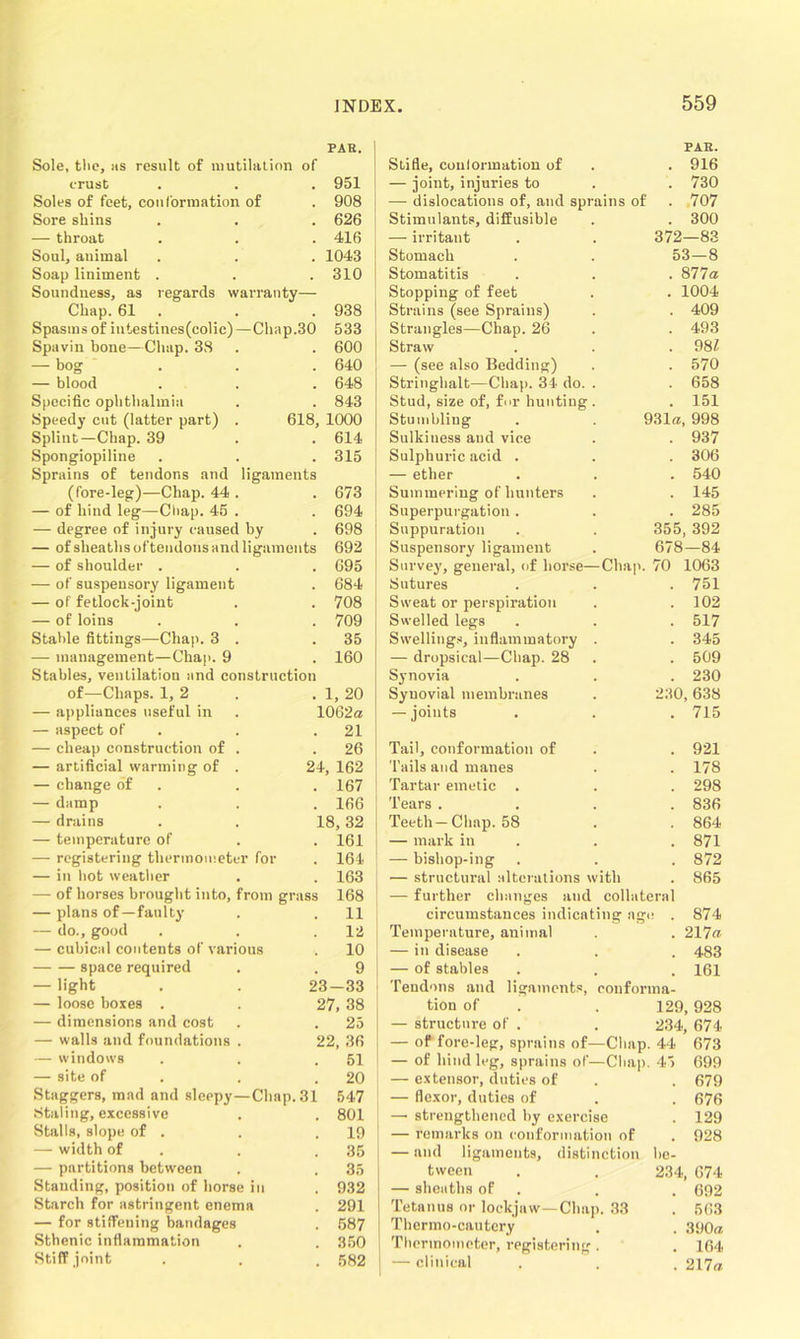 PAH. PAH. Sole, the, as result of mutilation of Stifle, conformation of . 916 crust 951 — joint, injuries to . 730 Soles of feet, conformation of 908 — dislocations of, and sprains of . 707 Sore shins 626 Stimulants, diffusible . 300 — throat 416 — irritant 372 —83 Soul, animal 1043 Stomach 53—8 Soap liniment . 310 Stomatitis . 877a Soundness, as regards warranty— Stopping of feet . 1004 Chap. 61 938 Strains (see Sprains) 409 Spasms of intestines(colic) —Chap.30 533 Strangles—Chap. 26 493 Spavin hone—Chap. 38 600 Straw 98Z — bog 640 — (see also Bedding) 570 — blood 648 Stringhalt—Chap. 34 do. . 658 Specific ophthalmia 843 Stud, size of, for hunting . . 151 Speedy cut (latter part) . 618, 1000 Stumbling . . 931a, 998 Splint—Chap. 39 614 Sulkiness and vice 937 Spongiopiline 315 Sulphuric acid . . 306 Sprains of tendons and ligaments — ether . 540 (fore-leg)—Chap. 44 . 673 Summering of hunters . 145 — of hind leg—Chap. 45 . 694 Superpurgation . . 285 — degree of injury caused by 698 Suppuration 355, 392 — of sheaths of tendons and ligaments 692 Suspensory ligament 678 —84 — of shoulder . 695 Survey, general, of horse—Chap. 70 1063 — of suspensory ligament 684 Sutures 751 — of fetlock-joint 708 Sweat or perspiration 102 — of loins 709 Swelled legs , 517 Stable fittings—Chap. 3 . 35 Swellings, inflammatory . . 345 — management—Chap. 9 160 — dropsical—Chap. 28 . 509 Stables, ventilation and construction Synovia 230 of—Chaps. 1, 2 1, 20 Synovial membranes 230 , 638 — appliances useful in . 1062a — joints . 715 — aspect of 21 — cheap construction of . 26 Tail, conformation of # 921 — artificial warming of . 2~ , 162 Tails and manes 178 — change of 167 Tartar emetic . 298 — damp 166 Tears . 836 — drains . . 18, 32 Teeth—Chap. 58 , 864 — temperature of 161 — mark in . 871 — registering thermometer for 164 — bishop-ing , 872 — in hot weather 163 — structural alterations with 865 — of horses brought into, from grass 168 — further changes and collateral — plans of—faulty 11 circumstances indicating age J . 874 — do., good 12 Temperature, animal m 217a — cubical contents of various 10 — in disease 483 space required 9 — of stables . 161 — light , . 23-33 Tendons and ligaments, conforma- — loose boxes . . 27, 38 tion of 129. 928 — dimensions and cost 25 — structure of . 234 , 674 — walls and foundations . 22, 36 — of fore-leg, sprains of—Chap. 44 673 — windows 51 — of hind leg, sprains of—Chap 45 699 — site of 20 — extensor, duties of 679 Staggers, mad and sleepy—Chap. 31 547 — flexor, duties of 676 Staling, excessive 801 —• strengthened by exercise 129 Stalls, slope of . 19 — remarks on conformation of 928 — width of 35 — and ligaments, distinction bc- — partitions between 35 tween 234 , 674 Standing, position of horse in 932 — sheaths of 692 Starch for astringent enema 291 Tetanus or lockjaw—Chap. 33 563 — for stiffening bandages 587 Thermo-cautery 390a Sthenic inflammation 350 Thermometer, registering. 164 Stiff joint 582 — clinical 217a