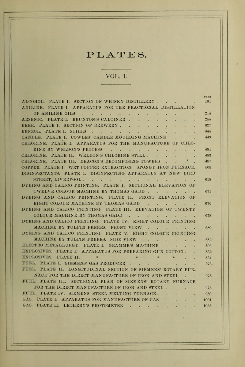 PLATES. VOL. I. PAGE ALCOHOL. PLATE I. SECTION OF WHISKY DISTILLEKY 101 ANILINE. PLATE I. APPAKATUS FOK THE FRACTIONAL DISTILLATION OF ANILINE OILS 214 ARSENIC. PLATE I. BRUNTON’S CALCINER 255 BEER. PLATE I. SECTION OF BREWERY 327 BENZOL. PLATE I. STILLS 345 CANDLE. PLATE I. COWLES’ CANDLE MOULDING MACHINE ... 449 CHLORINE. PLATE I. APPARATUS FOR THE MANUFACTURE OF CHLO- RINE BY WELDON’S PROCESS 481 CHLORINE. PLATE II. WELDON’S CHLORINE STILL 483 CHLORINE. PLATE III. DEACON’S DECOMPOSING TOWERS . . .* . 487 COPPER. PLATE I. WET COPPER EXTRACTION. SPONGY IRON FURNACE. 5G8 DISINFECTANTS. PLATE I. DISINFECTING APPARATUS AT NEW BIRD STREET, LIVERPOOL 618 DYEING AND CALICO PRINTING. PLATE I. SECTIONAL ELEVATION OF TWELVE COLOUR MACHINE BY THOMAS GADD 675 DYEING AND CALICO PRINTING. PLATE II. FRONT ELEVATION OF EIGHT COLOUR MACHINE BY THOMAS GADD 676 DYEING AND CALICO PRINTING. PLATE III. ELEVATION OF TWENTY COLOUR MACHINE BY THOMAS GADD 678 DYEING AND CALICO PRINTING. PLATE IV. EIGHT COLOUR PRINTING MACHINE BY TULPIN FRERES. FRONT VIEW 680 DYEING AND CALICO PRINTING. PLATE V. EIGHT COLOUR PRINTING MACHINE BY TULPIN FRERES. SIDE VIEW 682 ELECTRO METALLURGY. PLATE I. GRAMME’S MACHINE .... 806 EXPLOSIVES. PLATE I. APPARATUS FOR PREPARING GUN COTTON . . 852 EXPLOSIVES. PLATE II. “ i< « « . , 854 FUEL. PLATE I. SIEMENS’ GAS PRODUCER 973 FUEL. PLATE II. LONGITUDINAL SECTION OF SIEMENS’ ROTARY FUR- NACE FOR THE DIRECT MANUFACTURE OF IRON AND STEEL . . 978 FUEL. PLATE III. SECTIONAL PLAN OF SIEMENS’ ROTARY FURNACE FOR THE DIRECT MANUFACTURE OF IRON AND STEEL . . 978 FUEL. PLATE IV. SIEMENS’ STEEL MELTING FURNACE ... .980 GAS. PLATE I. APPARATUS FOR MANUFACTURE OF GAS .... 1001