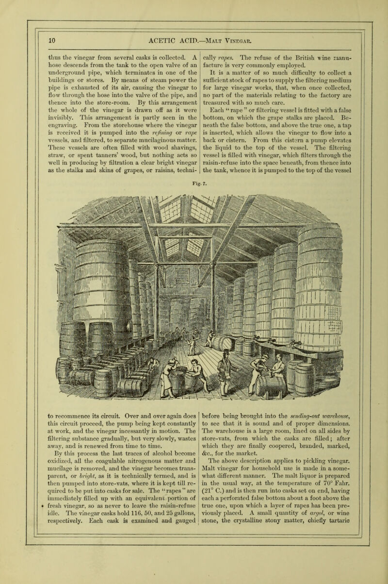 to recommence its circuit. Over and over again does this circuit proceed, the pump being kept constantly at work, and the vinegar incessantly in motion. The filtering substance gradually, but very slowly, wastes away, and is renewed from time to time. By this process the last traces of alcohol become oxidized, aU the coagulable nitrogenous matter and mucilage is removed, and the vinegar becomes trans- parent, or Irifiht, as it is technically termed, and is then pumped into store-vats, where it is kept till re- quired to be put into casks for sale. The “rapes ” are immediately filled up with an equivalenc portion of • fresh vinegar, so as never to leave the raisin-refuse idle. The vinegar casks hold 116, 50, and 25 gallons, respectively. Each cask is examined and gauged i before being brought into the sending-out warehouse, to see that it is sound and of proper dimensions. The warehouse is a large room, lined on all sides by store-vats, from which the casks are filled; after which they are finally coopered, branded, marked, &c., for the market. The above description applies to pickling vinegar. IMalt vinegar for household use is made in a some- what different manner. The malt liquor is prepared in the usual way, at the temperature of 70° Fahr. (21° C.) and is then run into casks set on end, having each a perforated false bottom about a foot above the true one, upon which a layer of rapes has been pre- viously placed. A small quantity of argol, or wine stone, the crystalline stony matter, chiefly tartaric thus the vinegar from several casks is collected. A hose descends from the tank to the open valve of an underground pipe, which terminates in one of the buildings or stores. By means of steam power the pipe is exhausted of its air, causing the vinegar to flow through the hose into the valve of the pipe, and thence into the store-room. By this arrangement tlie whole of the vinegar is drawn off as it were invisibly. This arrangement is partly seen in the engraving. From the storehouse where the vinegar is received it is pumped into the refining or rape vessels, and filtered, to separate mucilaginous matter. These vessels are often filled with wood shavings, straw, or spent tanners’ wood, but nothing acts so well in producing by filtration a clear bright vinegar as the stalks and skins of grapes, or raisins, techni- cally rapes. The refuse of the British v ine manu- facture is very commonly employed. It is a matter of so much difficulty to collect a sufficient stock of rapes to supply the filtering medium for large vinegar works, that, Avhen once collected, no part of the materials relating to the factory are treasured with so much care. Each “ rape ” or filtering vessel is fitted with a false bottom, on wliich the grape stalks are placed. Be- neath the false bottom, and above the true one, a tap is inserted, which allows the vinegar to flow into a back or cistern. From this cistern a pump elevates the liquid to the top of the vessel. The filtering vessel is filled with vinegar, which filters through the raisin-refuse into the space beneath, from thence into the tank, whence it is pumjied to the top of the vessel