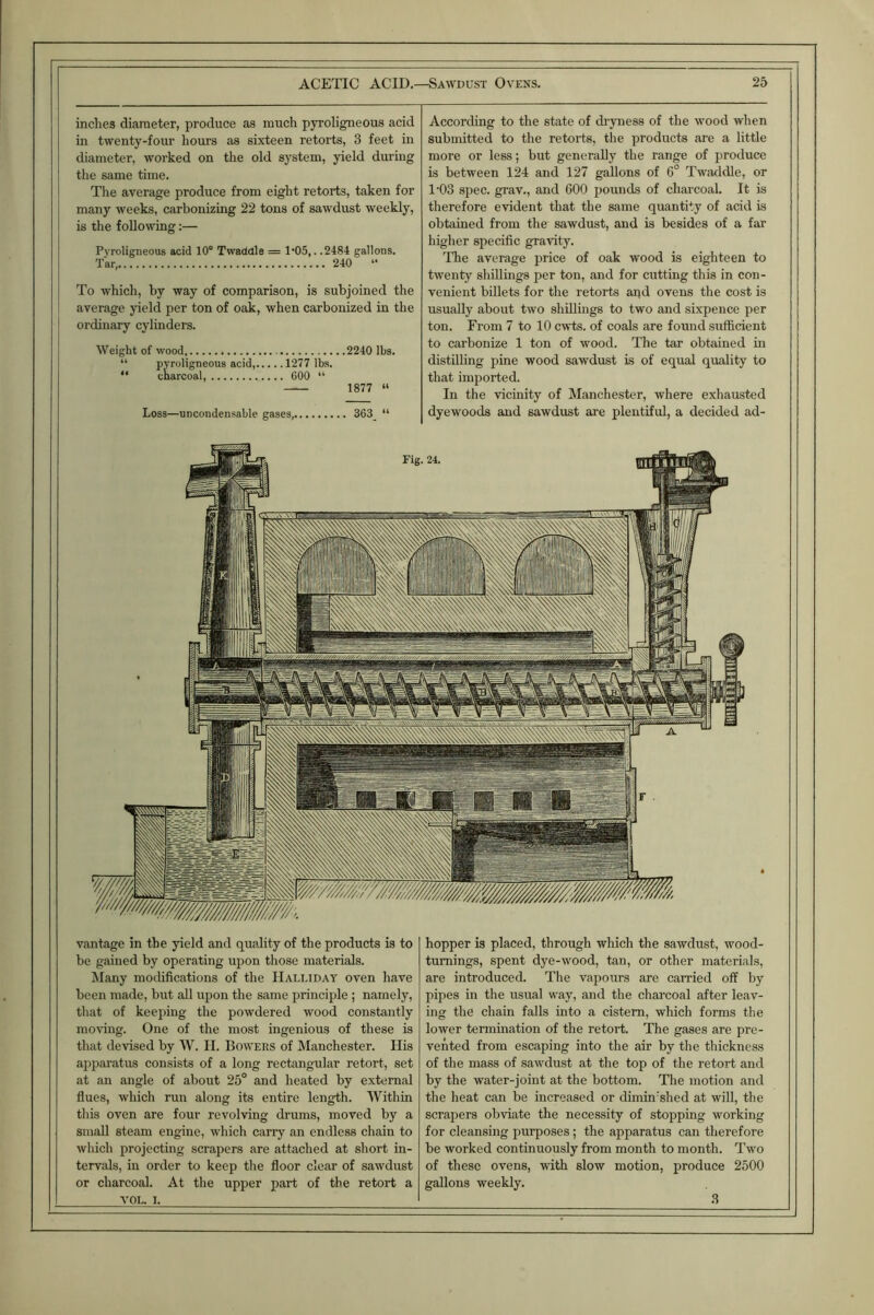 inches diameter, produce as much pyroligneous acid in twenty-four hours as sixteen retorts, 3 feet in diameter, worked on the old system, yield during the same time. The average produce from eight retorts, taken for many weeks, carbonizing 22 tons of sawdust weekly, is the following:— Pyroligneous acid 10° Twaddle = 1'05,. .2484 gallons. Tar, 240 “ To which, hy way of comparison, is subjoined the average yield per ton of oak, when carbonized in the ordinary cylinders. Weight of wood 2240 lbs. “ pyroligneous acid, 1277 lbs. “ charcoal, 600 “ 1877 “ Loss—uncondensable gases, 363 “ According to the state of di-yness of the wood when submitted to the retorts, the products are a little more or less; but generally the range of produce is between 124 and 127 gallons of 6° Twaddle, or 1'03 spec, grav., and 600 pounds of charcoal. It is therefore evident that the same quantity of acid is obtained from the sawdust, and is besides of a far higher specific gravity. The average price of oak wood is eighteen to twenty shillings per ton, and for cutting this in con- venient billets for the retorts apd ovens the cost is usually about two shillings to two and sixpence per ton. From 7 to 10 cwts. of coals are found sufficient to carbonize 1 ton of wood. The tar obtained in distilling pine wood sawdust is of equal quiility to that imported. In the vicinity of Manchester, where exhausted dyewoods and sawdust are plentiful, a decided ad- vantage in the yield and quality of the products is to be gained by operating upon those materials. Many modifications of the IIalliday oven have been made, but all upon the same principle ; namely, that of keeping the powdered wood constantly moving. One of the most ingenious of these is that devised by W. II. Bowers of Manchester. His apjjaratus consists of a long rectangular retort, set at an angle of about 25° and heated by external flues, which run along its entire length. Within this oven are four revolving drums, moved by a small steam engine, which carry an endless chain to which projecting scrapers are attached at short in- tervals, in order to keep the floor clear of sawdust or charcoal. At the upper part of the retort a VOL. 1. hopper is placed, through which the sawdust, wood- turnings, spent dye-wood, tan, or other materials, are introduced. The vapours are carried off by pipes in the usual way, and the charcoal after leav- ing the chain falls into a cistern, which forms the lower termination of the retort. The gases are pre- vented from escaping into the air by the thickness of the mass of sawdust at the top of the retort and by the water-joint at the bottom. The motion and the heat can be increased or dimin'shed at will, the scrapers obviate the necessity of stopping working for cleansing purposes; the apparatus can therefore be worked continuously from month to month. Two of these ovens, with slow motion, produce 2500 gallons weekly. 3