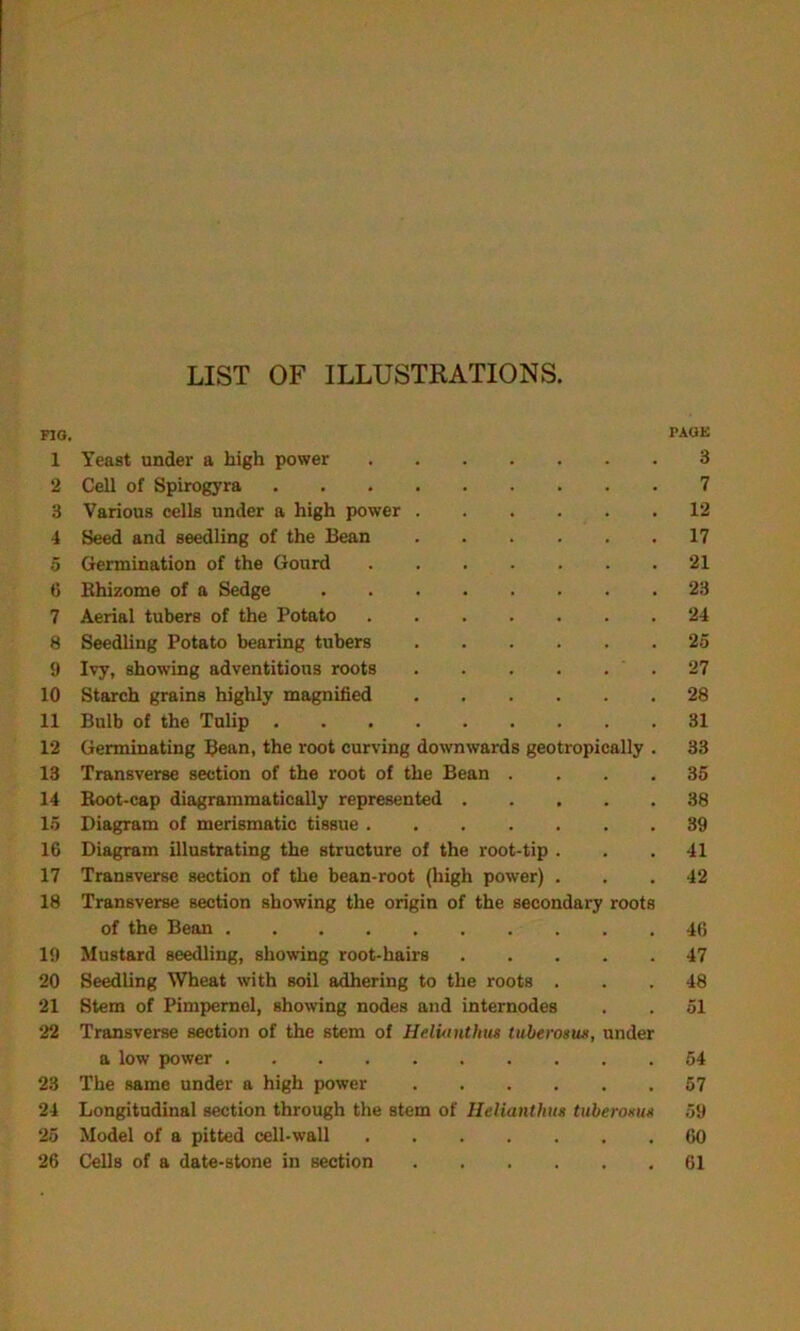 LIST OF ILLUSTRATIONS. FIG. PAGE 1 Yeast under a high power 3 2 Cell of Spirogyra 7 3 Various cells under a high power 12 4 Seed and seedling of the Bean 17 5 Germination of the Gourd 21 <5 Bhizome of a Sedge 23 7 Aerial tubers of the Potato 24 8 Seedling Potato bearing tubers 25 9 Ivy, showing adventitious roots 27 10 Starch grains highly magnified 28 11 Bulb of the Tulip 31 12 Germinating Bean, the root curving downwards geotropically . 33 13 Transverse section of the root of the Bean .... 35 14 Boot-cap diagrammatically represented 38 15 Diagram of merismatic tissue 39 16 Diagram illustrating the structure of the root-tip . . .41 17 Transverse section of the bean-root (high power) . . . 42 18 Transverse section showing the origin of the secondary roots of the Bean 46 19 Mustard seedling, showing root-hairs 47 20 Seedling Wheat with soil adhering to the roots ... 48 21 Stem of Pimpernel, showing nodes and internodes . . 51 22 Transverse section of the stem of Helutnthus tuberosiu, under a low power 54 23 The same under a high power 57 24 Longitudinal section through the stem of Helianthus tuberonu* 59 25 Model of a pitted cell-wall 60 26 Cells of a date-stone in section 61