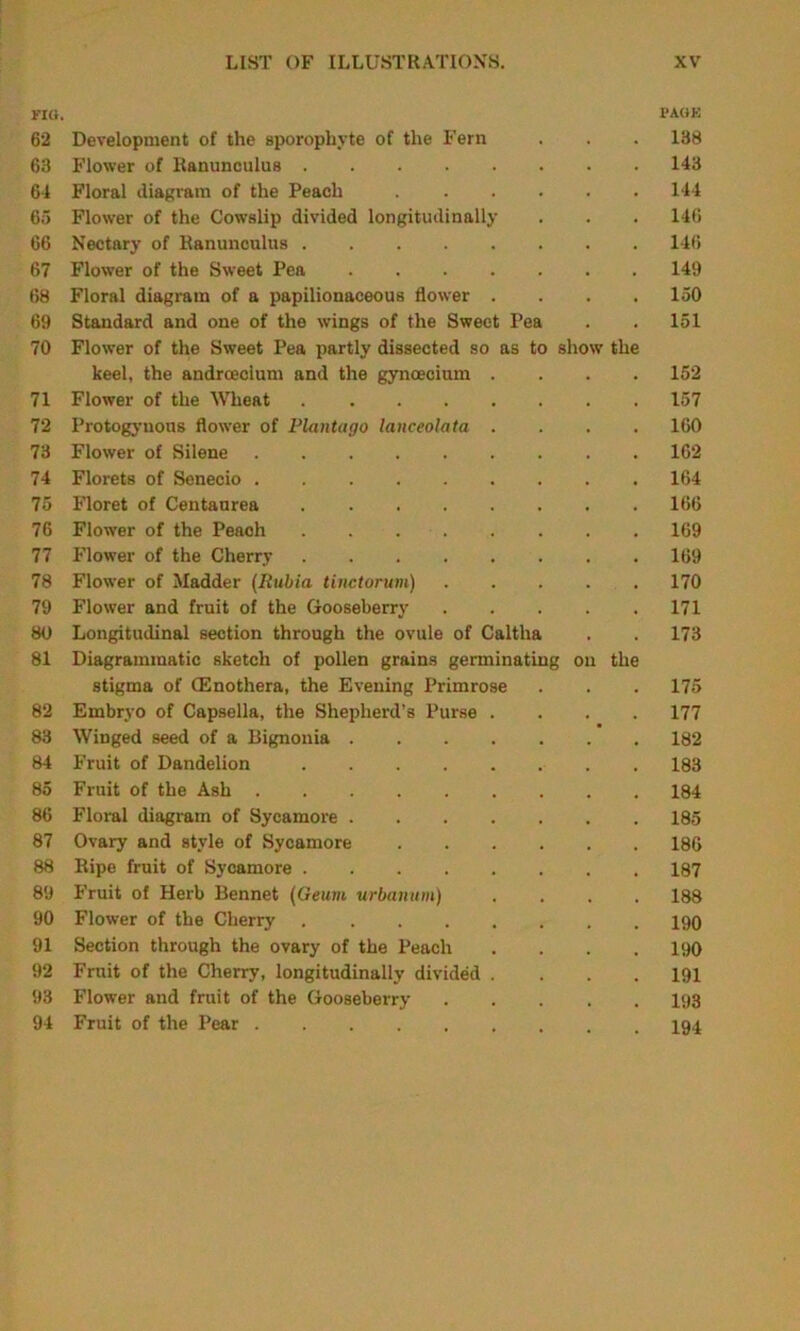FIG. PAGE 62 Development of the sporophyte of the Fern . . . 138 63 Flower of Ranunculus 143 64 Floral diagram of the Peach 144 65 Flower of the Cowslip divided longitudinally . . . 146 66 Nectary of Ranunculus 146 67 Flower of the Sweet Pea 149 68 Floral diagram of a papilionaceous flower .... 150 69 Standard and one of the wings of the Sweet Pea . . 151 70 Flower of the Sweet Pea partly dissected so as to show the keel, the andrcecium and the gynoecinm .... 152 71 Flower of the Wheat 157 72 Protogynous flower of Plantago lanceolata .... 160 73 Flower of Silene 162 74 Florets of Senecio 164 75 Floret of Centaurea 166 76 Flower of the Peach 169 77 Flower of the Cherry 169 78 Flower of Madder (Rubia tinctorum) 170 79 Flower and fruit of the Gooseberry 171 80 Longitudinal section through the ovule of Caltlia . . 173 81 Diagrammatic sketch of pollen grains germinating on the stigma of (Enothera, the Evening Primrose . . . 175 82 Embryo of Capsella, the Shepherd’s Purse .... 177 83 Winged seed of a Bignonia 182 84 Fruit of Dandelion 183 85 Fruit of the Ash 184 86 Floral diagram of Sycamore 185 87 Ovary and style of Sycamore 186 88 Ripe fruit of Sycamore 187 89 Fruit of Herb Bennet (Geum urbanum) .... 188 90 Flower of the Cherry 190 91 Section through the ovary of the Peach .... 190 92 Fruit of the Cherry, longitudinally divided . ... 191 93 Flower and fruit of the Gooseberry 193 94 Fruit of the Pear