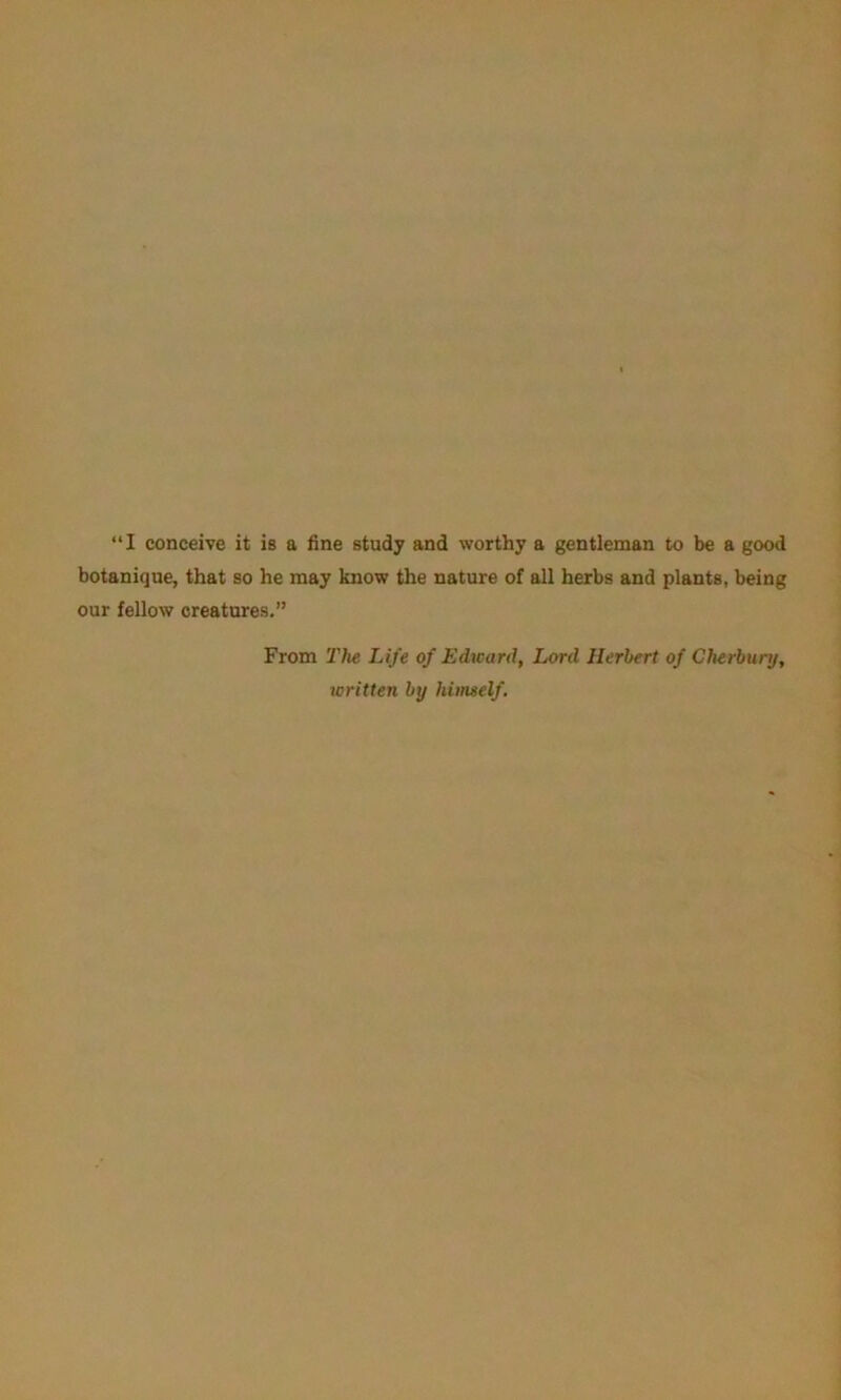 “I conceive it is a fine study and worthy a gentleman to be a good botanique, that so he may know the nature of all herbs and plants, being our fellow creatures.” From The Life of Edward, Lord Herbert of Cherbury, icritten by himself.