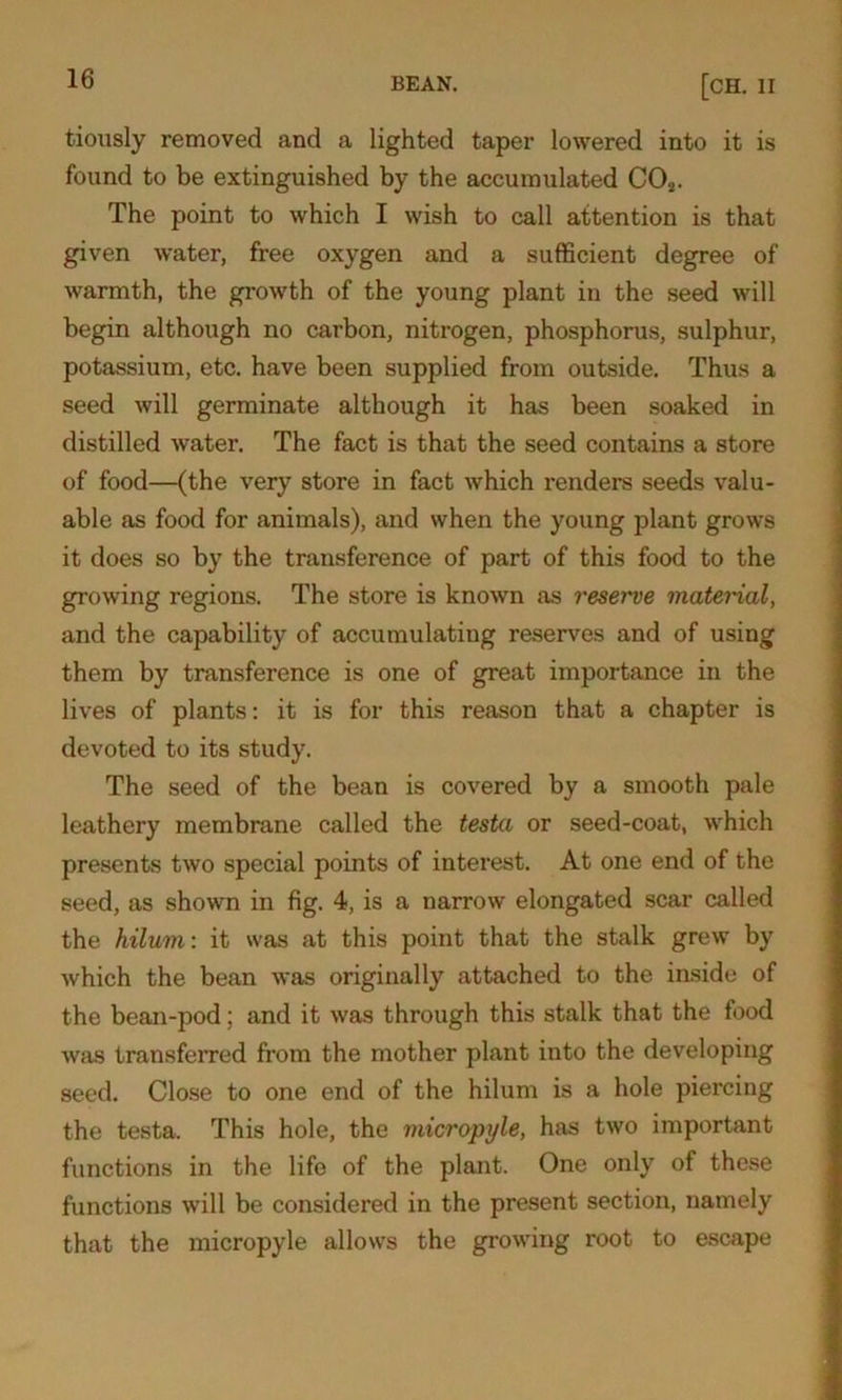 tiously removed and a lighted taper lowered into it is found to be extinguished by the accumulated C02. The point to which I wish to call attention is that given water, free oxygen and a sufficient degree of warmth, the growth of the young plant in the seed will begin although no carbon, nitrogen, phosphorus, sulphur, potassium, etc. have been supplied from outside. Thus a seed will germinate although it has been soaked in distilled water. The fact is that the seed contains a store of food—(the very store in fact which renders seeds valu- able as food for animals), and when the young plant grows it does so by the transference of part of this food to the growing regions. The store is known as reserve material, and the capability of accumulating reserves and of using them by transference is one of great importance in the lives of plants: it is for this reason that a chapter is devoted to its study. The seed of the bean is covered by a smooth pale leathery membrane called the testa or seed-coat, which presents two special points of interest. At one end of the seed, as shown in fig. 4, is a narrow elongated scar called the hilum: it was at this point that the stalk grew by which the bean was originally attached to the inside of the bean-pod; and it was through this stalk that the food was transferred from the mother plant into the developing seed. Close to one end of the hilum is a hole piercing the testa. This hole, the micropyle, has two important functions in the life of the plant. One only of these functions will be considered in the present section, namely that the micropyle allows the growing root to escape