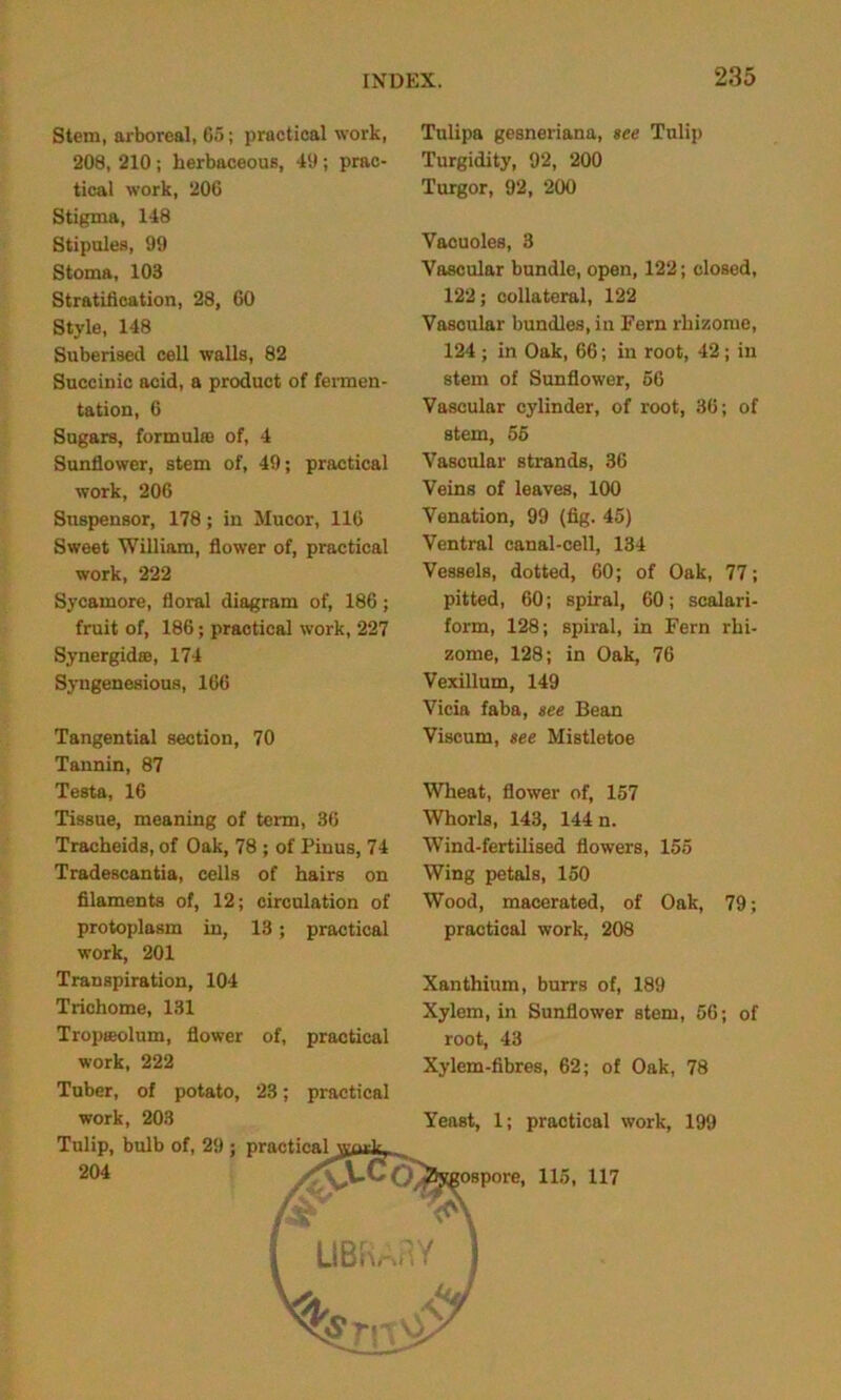 Stem, arboreal, 65; practical work, 208, 210; herbaceous, 49; prac- tical work, 206 Stigma, 148 Stipules, 99 Stoma, 103 Stratification, 28, 60 Style, 148 Snberi8ed cell walls, 82 Succinic acid, a product of fermen- tation, 6 Sugars, formula) of, 4 Sunflower, stem of, 49; practical work, 206 Snspensor, 178; in Mucor, 116 Sweet William, flower of, practical work, 222 Sycamore, floral diagram of, 186; fruit of, 186; practical work, 227 Synergidas, 174 Syngenesious, 166 Tangential section, 70 Tannin, 87 Testa, 16 Tissue, meaning of term, 36 Tracheids, of Oak, 78 ; of Piuus, 74 Tradescantia, cells of hairs on filaments of, 12; circulation of protoplasm in, 13; practical work, 201 Transpiration, 104 Trichome, 131 Tropteolum, flower of, practical work, 222 Tulipa gesneriana, see Tulip Turgidity, 92, 200 Turgor, 92, 200 Vacuoles, 3 Vascular bundle, open, 122; closed, 122; collateral, 122 Vascular bundles, in Fern rhizome, 124 ; in Oak, 66; in root, 42 ; in stem of Sunflower, 56 Vascular cylinder, of root, 36; of stem, 55 Vascular strands, 36 Veins of leaves, 100 Venation, 99 (fig. 45) Ventral canal-cell, 134 Vessels, dotted, 60; of Oak, 77; pitted, 60; spiral, 60; scalari- form, 128; spiral, in Fern rhi- zome, 128; in Oak, 76 Vexillum, 149 Vieia faba, see Bean Viscum, see Mistletoe Wheat, flower of, 157 Whorls, 143, 144 n. Wind-fertilised flowers, 155 Wing petals, 150 Wood, macerated, of Oak, 79; practical work, 208 Xanthium, burrs of, 189 Xylem, in Sunflower stem, 56; of root, 43 Xylem-fibres, 62; of Oak, 78 Tuber, of potato, 23; practical work, 203 Tulip, bulb of, 29 ; 204 Yeast, 1; practical work, 199 115, 117