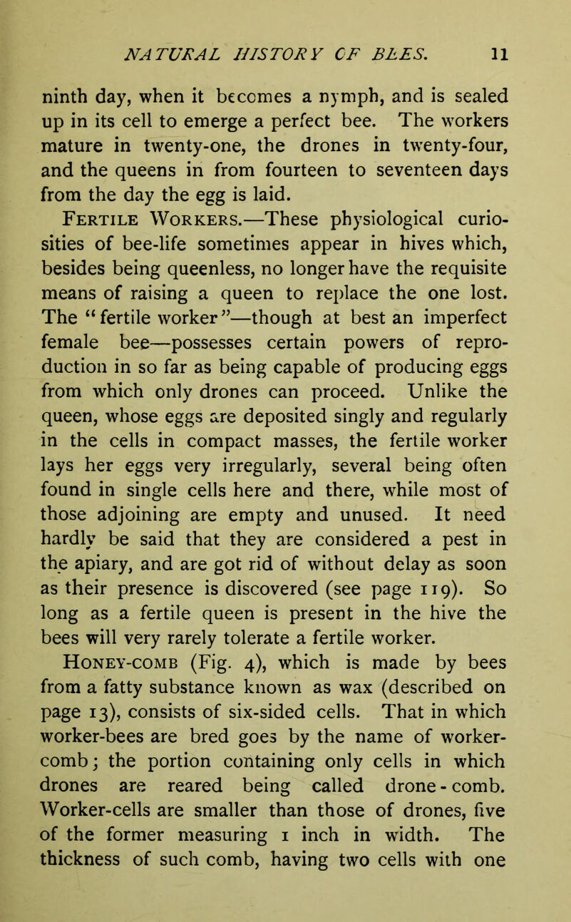 ninth day, when it becomes a nymph, and is sealed up in its cell to emerge a perfect bee. The workers mature in twenty-one, the drones in twenty-four, and the queens in from fourteen to seventeen days from the day the egg is laid. Fertile Workers.—These physiological curio- sities of bee-life sometimes appear in hives which, besides being queenless, no longer have the requisite means of raising a queen to replace the one lost. The “fertile worker”—though at best an imperfect female bee—possesses certain powers of repro- duction in so far as being capable of producing eggs from which only drones can proceed. Unlike the queen, whose eggs are deposited singly and regularly in the cells in compact masses, the fertile worker lays her eggs very irregularly, several being often found in single cells here and there, while most of those adjoining are empty and unused. It need hardly be said that they are considered a pest in the apiary, and are got rid of without delay as soon as their presence is discovered (see page 119). So long as a fertile queen is present in the hive the bees will very rarely tolerate a fertile worker. Honey-comb (Fig. 4), which is made by bees from a fatty substance known as wax (described on page 13), consists of six-sided cells. That in which worker-bees are bred goes by the name of worker- comb; the portion containing only cells in which drones are reared being called drone - comb. Worker-cells are smaller than those of drones, five of the former measuring 1 inch in width. The thickness of such comb, having two cells with one