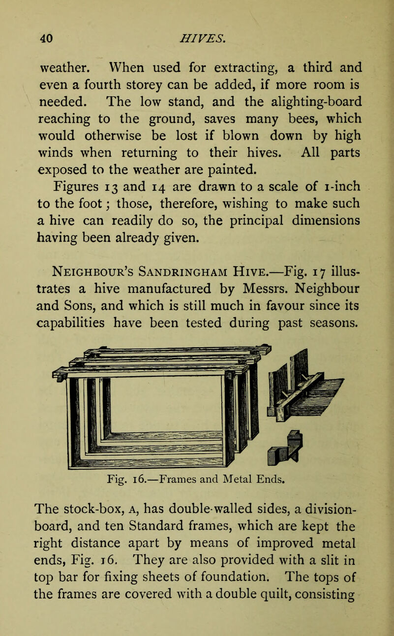 weather. When used for extracting, a third and even a fourth storey can be added, if more room is needed. The low stand, and the alighting-board reaching to the ground, saves many bees, which would otherwise be lost if blown down by high winds when returning to their hives. All parts exposed to the weather are painted. Figures 13 and 14 are drawn to a scale of i-inch to the foot; those, therefore, wishing to make such a hive can readily do so, the principal dimensions having been already given. Neighbour’s Sandringham Hive.—Fig. 17 illus- trates a hive manufactured by Messrs. Neighbour and Sons, and which is still much in favour since its capabilities have been tested during past seasons. Fig. 16.—Frames and Metal Ends. The stock-box, a, has double-walled sides, a division- board, and ten Standard frames, which are kept the right distance apart by means of improved metal ends, Fig. 16. They are also provided with a slit in top bar for fixing sheets of foundation. The tops of the frames are covered with a double quilt, consisting