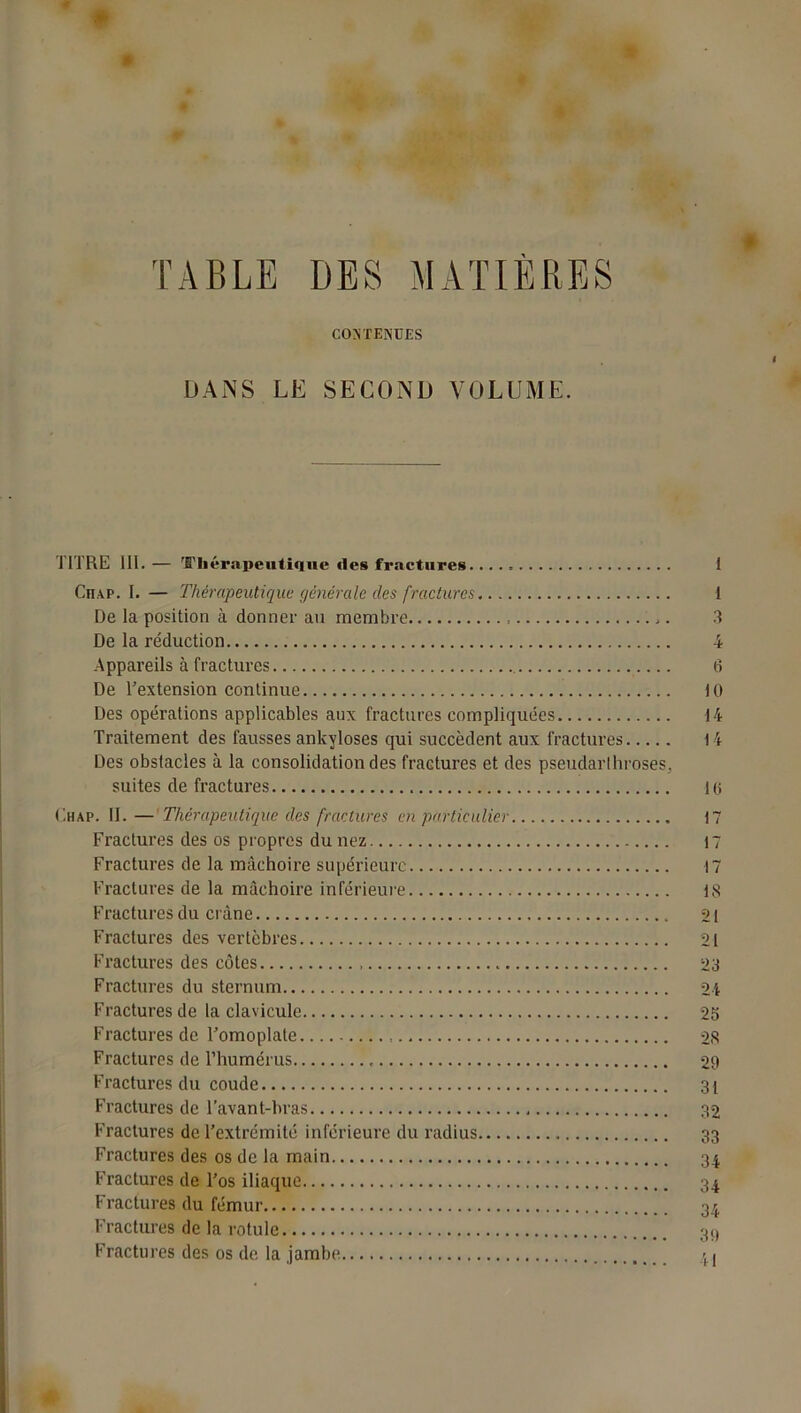 TABLE DES MATIÈRES CONTENUES DANS LE SECOND VOLUME. TITRE 111. — Thérapeutique des fractures 1 Cn vp. I. — Thérapeutique générale des fractures I De la position à donner an membre 3 De la réduction 4 Appareils à fractures 6 De l'extension continue 10 Des opérations applicables aux fractures compliquées 14 Traitement des fausses ankylosés qui succèdent aux fractures 14 Des obstacles à la consolidation des fractures et des pseudarlhroses, suites de fractures 10 C.hap. II. — Thérapeutique des fractures en particulier 17 Fractures des os propres du nez 17 Fractures de la mâchoire supérieure 17 Fractures de la mâchoire inférieure 18 Fractures du crâne 21 Fractures des vertèbres 21 Fractures des côtes 23 Fractures du sternum 24 Fractures de la clavicule 25 Fractures de l'omoplate 28 Fractures de l’humérus 29 Fractures du coude 31 Fractures de l’avant-bras 32 Fractures de l’extrémité inférieure du radius 33 Fractures des os de la main 34 Fractures de l’os iliaque 34 Fractures du fémur 34 Fractures de la rotule 3(, Fractures des os de la jambe 41