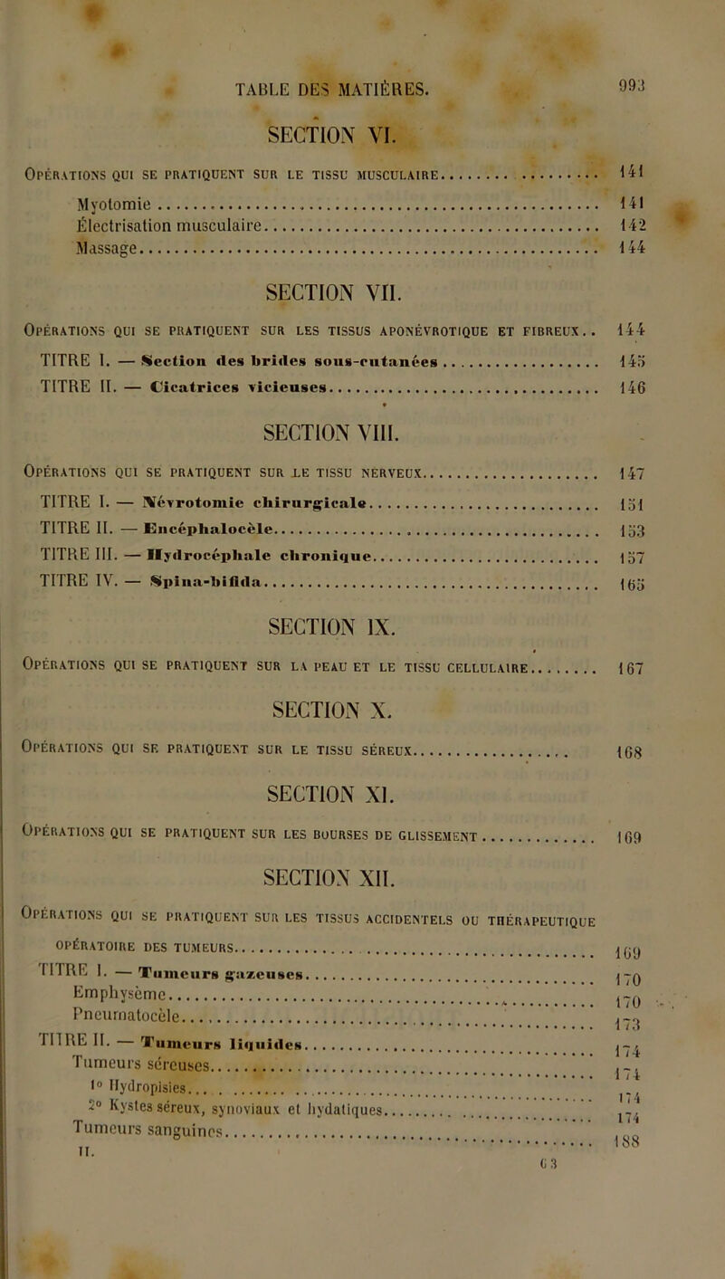 SECTION VI. Opérations qui se pratiquent sur le tissu musculaire 141 Myotomie 141 Électrisation musculaire 142 Massage 144 SECTION VII. Opérations qui se pratiquent sur les tissus aponévrotique et fibreux.. 144 TITRE I. —Section îles brides sous-cutanées 14a TITRE II. — Cicatrices vicieuses 146 SECTION VIII. Opérations qui se pratiquent sur xe tissu nerveux 147 TITRE I. — Névrotomie chirurgicale loi TITRE II. — Ëncéphalocèle io3 TITRE III.—Hydrocéphale chronique 157 TITRE IV. — Kpina-bifida SECTION IX. Opérations qui se pratiquent sur la peau et le tissu cellulaire 167 SECTION X. Opérations qui sf. pratiquent sur le tissu séreux 108 SECTION XI. Opérations qui se pratiquent sur les bourses de glissement 169 SECTION XII. Opérations qui se pratiquent sur les tissus accidentels ou tiiérapeutique opératoire des tumeurs IIIRF. 1. —Tumeurs gazeuses Emphysème Pneumatocèle fil RE II. — 'i'n meurs liquides Tumeurs séreuses l° Bydropisies. 2° Kystes séreux, synoviaux et hydatiques Tumeurs sanguines