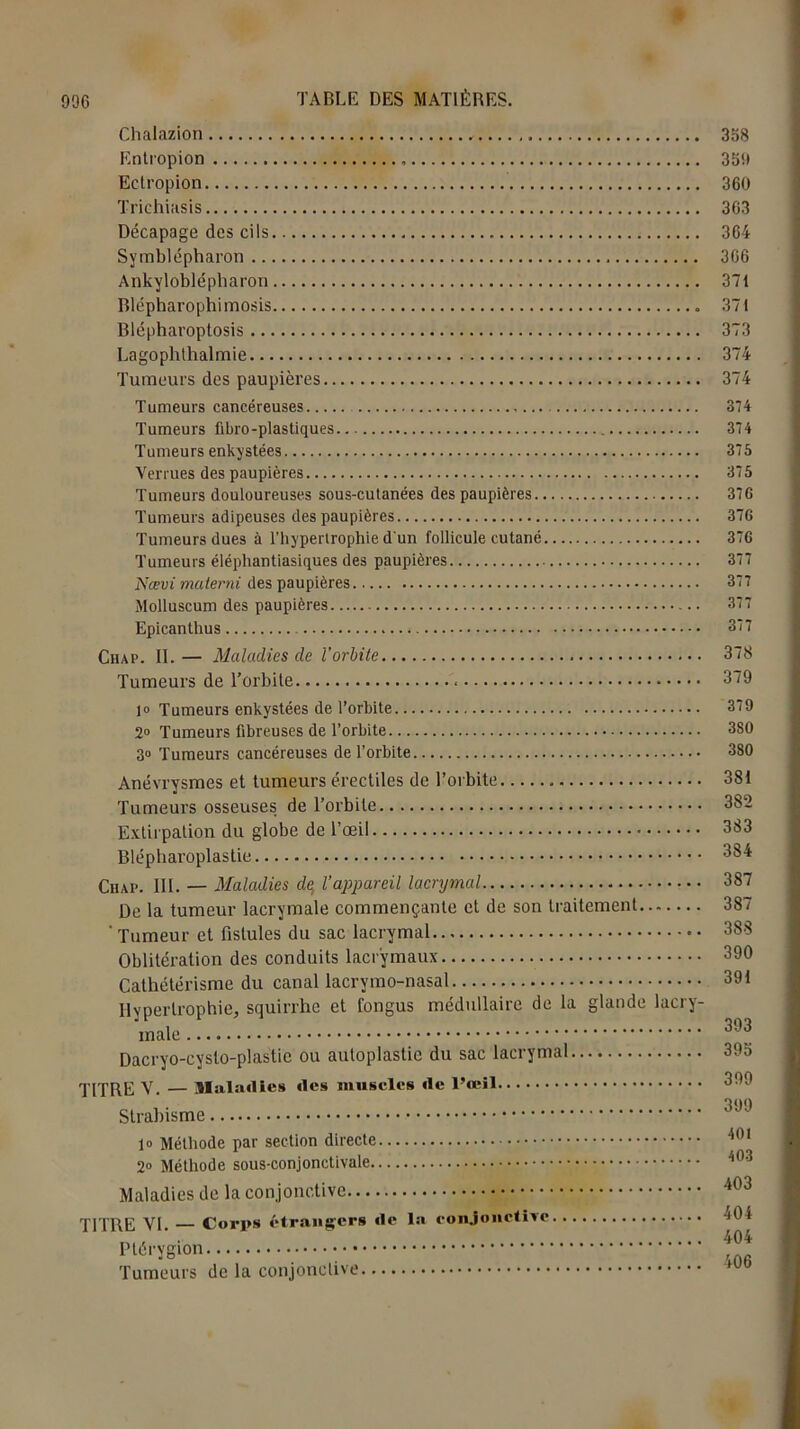 Chalazion Entropion Ectropion Trichiasis Décapage des cils Symblépharon Ankyloblépharon Blépharophimosis « Blépharoptosis Lagophthalmie Tumeurs des paupières Tumeurs cancéreuses Tumeurs fibro-plastiques Tumeurs enkystées Verrues des paupières Tumeurs douloureuses sous-cutanées des paupières Tumeurs adipeuses des paupières Tumeurs dues à l’hypertrophie d'un follicule cutané Tumeurs éléphantiasiques des paupières Nœvi materni des paupières Molluscum des paupières Epicanthus Chap. II.— Maladies de l'orbite Tumeurs de l’orbite 1° Tumeurs enkystées de l’orbite 2° Tumeurs fibreuses de l’orbite 3» Tumeurs cancéreuses de l’orbite Anévrysmes et tumeurs érectiles de l’orbite Tumeurs osseuses de l’orbite Extirpation du globe de l’œil Blépharoplastie Chap. III. — Maladies de, l’appareil lacrymal De la tumeur lacrymale commençante et de son traitement 'Tumeur et fistules du sac lacrymal Oblitération des conduits lacrymaux Cathétérisme du canal lacrymo-nasat Hypertrophie, squirrhe et fongus médullaire de la glande lacry- male Dacryo-cyslo-plastie ou auloplastic du sac lacrymal TITRE V. — Maladies des muscles de l’œil Strabisme 1» Méthode par section directe 2° Méthode sous-conjonctivale Maladies de la conjonctive TITRE VI. — Corps étrangers de la conjonctive Ptérygion Tumeurs de la conjonctive 358 369 360 363 364 366 371 371 373 374 374 374 374 375 375 37 G 376 37G 377 377 377 377 378 379 379 380 380 381 382 383 384 387 387 388 390 391 393 395 399 399 401 403 403 404 404 406