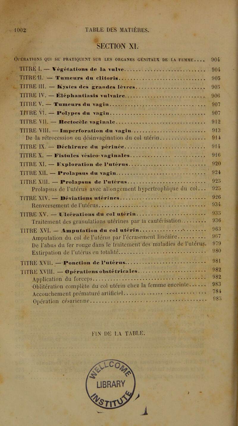 SECTION XI. Opérations qui se pratiquent sur les organes génitaux de la femme TITRE I. — Végétations île la vulve TITRE'II. — Tumeurs ilu clitoris TITRE III. — Kystes îles grandes lèvres TITRE IV. — Éléphantiasis vulvaire TITRE V. — Tumeurs du vagin TITRE VI. — l*olypes du vagin TITRE VII. — Kectocclc vaginale TITRE VIII. —Imperforation du vagin. De la rétrocession ou désinvagination du col utérin TITRE IX. — Déchirure du périnée TITRE X. — Fistules vésico- vaginales TITRE XI. — Fxploration de l’utérus TITRE XII. — I*rolapsus du vagin.. TITRE XIII. — Prolapsus de l’utérus Prolapsus de l’utérus avec allongement hypertrophique du col... TITRE XIV. — Déviations utérines Renversement de l’utérus TITRE XV. — Ulcérations du col utérin Traitement des granulations utérines par la cautérisation TITRE XVI. — Amputation du col utérin • Amputation du col de l’utérus par l’écrasement linéaire - — De l'abus du fer rouge dans le traitement des maladies de l’utérus. Extirpation de l’utérus en totalité.. TITRE XVII. — Ponction de l’utérus TITRE XV11I. — Opérations obstétricales Application du forceps Oblitération complète du col utérin chez la femme enceinte. Accouchement prématuré arlificiel Opération césarienne 004 904 905 905 900 907 907 912 913 914 914 916 920 924 925 925 926 934 935 936 963 907 979 980 981 982 982 983 784 983 FIN DE I.A TABLE.