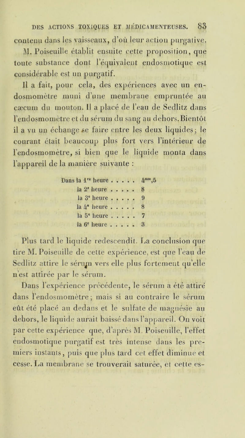 contenu dans les vaisseaux, d’où leur action purgative. M. Poiseuille établit ensuite cette proposition, que toute substance dont l'équivalent endosmotique est considérable est un purgatif. Il a fait, pour cela, des expériences avec un en- dosmomètre muni d’une membrane empruntée au cæcum du mouton. Il a placé de l’eau de Sedlitz dans l’endosmomètre et du sérum du sang au dehors. Bientôt il a vu un échange se faire entre les deux liquides; le courant était beaucoup plus fort vers l’intérieur de l’endosmomètre, si bien que le liquide monta dans l’appareil de la manière suivante : Dans la lre heure 4m“,5 la 2e heure 8 la 3e heure 9 la Zi* heure 8 la 5e heure 7 la 6e heure 3 Plus tard le liquide redescendit. La conclusion que tire M. Poiseuille de cette expérience, est que l’eau de Sedlitz attire le sérum vers elle plus fortement qu elle n est attirée par le sérum. Dans l’expérience précédente, le sérum a été attiré dans l’endosmomètre; mais si au contraire le sérum eût été placé au dedans et le sulfate de magnésie au dehors, le liquide aurait baissé dans l’appareil. On voit par cette expérience que, d’après M. Poiseuille, l’effet endosmotique purgatif est très intense dans les pre- miers instants, puis que plus tard cet effet diminue et cesse. La membrane se trouverait saturée, et cette es-