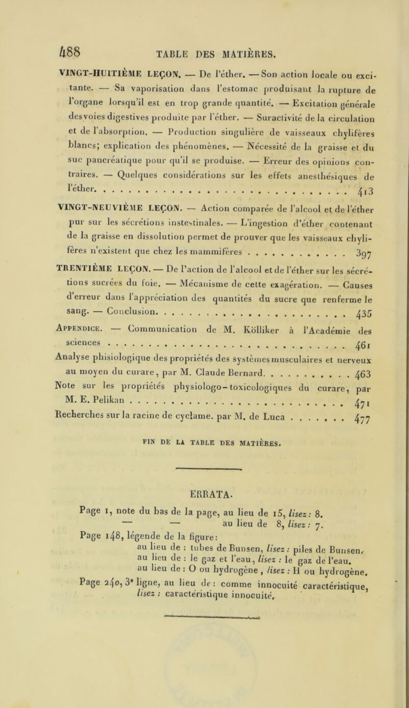 VINGT-IIUITIEME LEÇON. — De l’éther. —Son action locale ou exci- tante. •— Sa vaporisation dans l’estomac produisant la rupture de l’organe lorsqu’il est en trop grande quantité. — Excitation générale desvoies digestives produite par l’éther. — Suractivité de la circulation et de l’absorption. — Production singulière de vaisseaux chylifères blancs; explication des phénomènes. — Nécessité de la graisse et du suc pancréatique pour qu’il se produise. — Erreur des opinions con- traires. — Quelques considérations sur les effets anesthésiques de ^er, 4,3 VINGT-NEUVIÈME LEÇON. — Action comparée de l’alcool et de lether pur sur les sécrétions instestinales. — L’ingestion d’éther contenant de la graisse en dissolution permet de prouver que les vaisseaux chyli- fères n’existent que chez les mammifères 3g^ TRENTIÈME LEÇON. — De l’action de l’alcool et de l’éther sur les sécré- tions sucrées du foie. — Mécanisme de cette exagération. — Causes deireur dans 1 appréciation des quantités du sucre que renferme le sang. — Conclusion 435 Appendice. Communication de M. Kolliker à l’Académie des sciences 4g, Analyse phisiologique des propriétés des systèmes musculaires et nerveux au moyen du curare, par M. Claude Bernard 463 Note sur les propriétés physiologo-toxicologiques du curare, par M. E. Pelikan 4^, Recherches sur la racine de cyclame. par M. de Luca 4-7 FIN DE LA TABLE DES MATIERES. ERRATA. Page 1, note du bas de la page, au lieu de i5, lisez: 8. — — au lieu de 8, lisez: 7. Page 148, légende de la figure: au lieu de : tubes de Bunsen, lisez: piles de Bunsen, au lieu de : le gaz et l’eau, lisez ; le gaz de l’eau, au heu de : O ou hydrogène , lisez : 11 ou hydrogène. Page a4o, 3 ligne, au lieu de : comme innocuité caractéristique, lisez ; caractéristique innocuité.