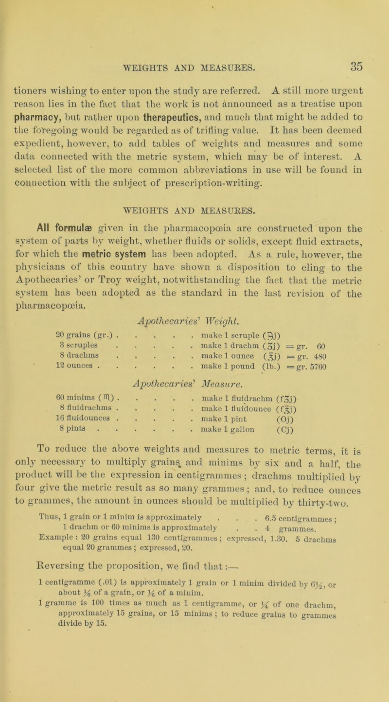 tioners wishing to enter upon the study nre referred. A still more urgent reason lies in the fact that the work is not announced as a treatise upon pharmacy, hut rather upon therapeutics, and much that might be added to the foregoing would be regarded as of trilling value. It has been deemed expedient, however, to add tables of weights and measures and some data connected with the metric system, which may be of interest. A selected list of the more common abbreviations in use will be found in connection with the subject of prescription-writing. WEIGHTS AND MEASURES. All formulae given in the pharmacopoeia are constructed upon the system of parts by weight, whether fluids or solids, except fluid extracts, for which the metric system has been adopted. As a rule, however, the ph\-sicians of this country have shown a disposition to cling to the Apothecaries’ or Troy weight, notwithstanding the fact that the metric system has been adopted as the standard in the last revision of the pharmacopoeia. 20 grains (gr.) . Apothecar 3 scruples . 8 drachms . 12 ounces . • • • Weight. . make 1 scruple (J^j) . make 1 (Iraclim (5j) = gr. 00 . make 1 ounce () = gr. 4S0 . make 1 pound (lb.) =gr. 5700 60 minims ( 01) . 8 fluidraclims . 10 fluidounces . 8 pints Apothecaries’ Measure. • • . . make 1 fluidrachm (foj) . . . . make 1 iluidounce (f^j) . . . . make 1 pint (Oj) . . . . make 1 gallon (Cj) To reduce the above weights and measures to metric terms, it is only necessary to multiply grainy and minims by six and a half, the product will be the expression in centigrammes ; drachms multiplied by four give the metric result as so man} grammes ; and, to reduce ounces to grammes, the amount in ounces should be multiplied by thirty-two. Thus, 1 grain or 1 minim is approximately . . . 0.5 centigrammes ; 1 drachm or 60 minims is approximately . . 4 grammes. Example: 20 grains equal 130 centigrammes; expressed, 1.30. 5 drachms equal 20 grammes ; expressed, 20. Reversing the proposition, we find that:— 1 centigramme (.01) is approximately 1 grain or 1 minim divided by 0)^, or about 34 of a grain, or 34 of a minim. 1 gramme is 100 times as much as 1 centigramme, or % of one drachm, approximately 15 grains, or 15 minims ; to reduce grains to grammes divide by 15.