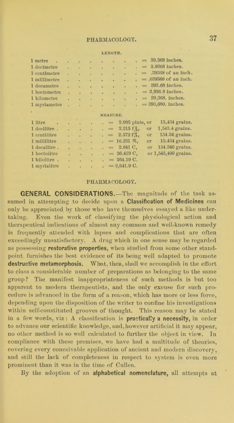 LENGTH. 1 metre . . . == 39.368 inches. 1 decimetre . = 3.9368 inches. 1 ceutiraetre . = .39368 of an inch 1 millimetre . . . = .039368 of an inch 1 decametre . . . = 393.68 inches. 1 hectometre . . . = 3,936.8 inches. 1 kilometre . . . = 39,368. inches. 1 myriametre . . . = 393,680. inches. MEASURE. 1 litre = 2.095 pints, or 15,434 grains 1 decilitre . = 3.215 f,^, or 1,543.4 grains. 1 centilitre = 2.572 f5, or 154.34 grains 1 millilitre = 16.231 111, or 15.434 grains 1 decalitre . = 2.641 C, or 1.54.340 grains 1 hectolitre = 26.419 C, or 1,.543,400 grains 1 kilolitre . = 264.19 C. 1 myrialitre = 2,641.9 C. PHAKMACOLOGY. GENERAL CONSIDERATIONS. —The magnitude of tlie task as- sumed in attempting to decide upon a Classification of Medicines can only he appreciated by those who have themselves essa3’ed a like under- taking. Even the work of classifying the physiological action and therapeutical indications of almost any common and well-known remedy is frequentl}^ attended with lapses and complications that are often exceedingly unsatisfactoiy. A drug which in one sense ma^' be regarded as possessing restorative properties, when studied from some other stand- point, furnishes the best evidence of its being well adapted to promote destructive metamorphosis. Wlxat, then, shall we accomplish in the effort to class a considerable number of preparations as belonging to the same group? The manifest ina})propriateness of such methods is but too apparent to modern therapeutists, and the only excuse for such pro- cedure is advanced in the form of a reason, which has more or less force, depending upon the disposition of the writer to confine his investigations within self-constituted grooves of thought. This reason ma}^ be stated in a few words, viz: A classification is practically a necessity, in order to advance our scientific knowledge, and, however artificial it ma}' appear, no other method is so well calculated to further the object in view. In compliance with these premises, we have had a multitude of theories, covering every conceivable api)lication of ancient and modern discover^', and still the lack of completeness in respect to S3’Stem is even more prominent than it was in the time of Cullen. By the adoption of an alphabetical nomenclature, all attempts at