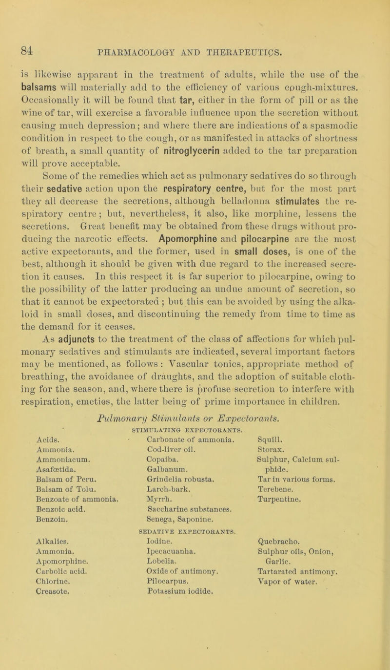 is likewise appureiit in the treatment of adults, while the nse of the balsams will materially add to the etliciency of various congh-mixtnres. Occasionally it will be fonnd that tar, either in the form of ])ill or as the wine of tar, will exercise a favorable iuhiience npoii the secretion without causing much depression; and where there are indications of a spasmodic condition in resi)ect to the cough, or as manifested in attacks of shortness of breath, a small quantit}' of nitroglycerin added to the tar preparation will prove acceptable. Some of the remedies which act as pnlmonar}'- sedatives do so through their sedative action upon the respiratory centre, but for the most part they all decrease the secretions, although belladonna stimulates the re- spiratory centre ; but, nevertheless, it also, like morphine, lessens the secretions. Great benefit ma}^ be obtained from these drugs without pro- ducing the narcotic effects. Apomorphine and pilocarpine are the most active expectorants, and the former, used in small doses, is one of the best, although it should be given with due regard to the increased secre- tion it causes. In this respect it is far superior to pilocarpine, owing to the possibility of the latter producing an undue amount of secretion, so that it cannot be expectorated ; but this can be avoided b}' using the alka- loid in small doses, and discontinuing the remedy from time to time as the demand for it ceases. As adjuncts to the treatment of the class of affections for which pul- monary sedatives and stimulants are indicated, several important factors may be mentioned, as follows : Yascular tonics, appropriate method of breathing, the avoidance of draughts, and the adoption of suitable cloth- ing for the season, and, where there is profuse secretion to interfere with respiration, emetics, the latter being of prime importance in children. Pulmonary Stimulants or Expectorants. STIMULATING EXPECTORANTS. Acids. Carbonate of ammonia. Squill. Ammonia. Cod-liver oil. Storax. Ammoniacum. Copaiba. Sulphur, Calcium sul- Asafoetida. Galbanum. jihide. Balsam of Peru. Grindelia robusta. Tar in various forms. Balsam of Tolu. Larch-bark. Terebene. Benzoate of ammonia. Myrrh. Turpentine. Benzoic acid. Saccharine substances. Benzoin. Senega, Saponine. SEDATIVE EXPECTORANTS. Alkalies. Iodine. Quebracho. Ammonia. Ipecacuanha. Sulphur oils, Onion, Apomorxdiine. Lobelia. Garlic. Carbolic acid. Oxide of antimony. Tartarated antimony. Chlorine. Pilocarpus. Vapor of water. Creasote. Potassium iodide.