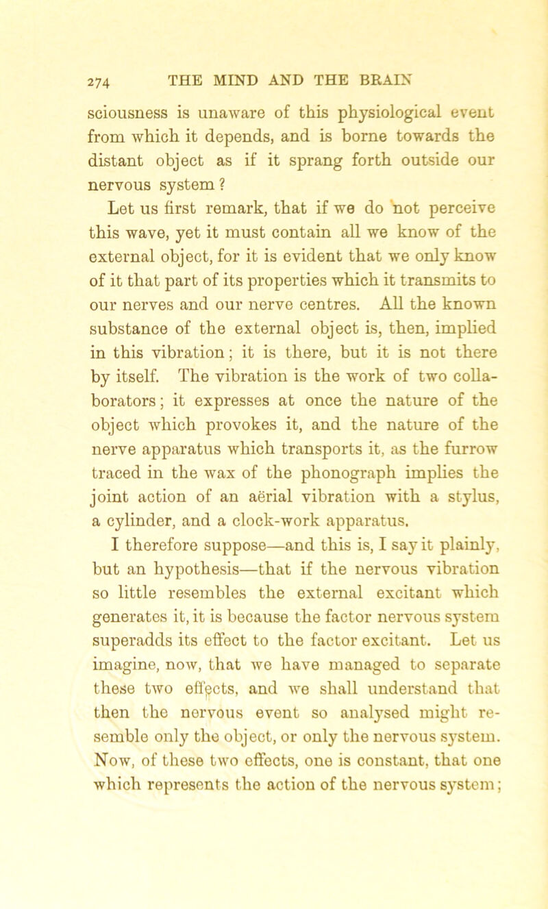 sciousness is unaware of this physiological event from which it dépends, and is borne towards the distant object as if it sprang forth outside our nervous System ? Let us first remark, tbat if we do not perceive tbis wave, yet it must contain ail we know of the external object, for it is évident tbat we only know of it tbat part of its properties wbicb it transmits to our nerves and our nerve centres. AU tbe known substance of tbe external object is, tben, implied in tbis vibration ; it is tbere, but it is not tbere by itself. The vibration is tbe work of two coUa- borators; it expresses at once tbe nature of tbe object wbicb provokes it, and tbe nature of the nerve apparatus wbicb transports it, as tbe furrow traced in tbe wax of tbe pbonograph implies tbe joint action of an aërial vibration witb a Stylus, a cylinder, and a clock-work apparatus. I tberefore suppose—and tbis is, I say it plainly, but an bypotbesis—tbat if tbe nervous vibration so little resembles tbe external excitant wbicb generates it, it is because tbe factor nervous System superadds its effect to tbe factor excitant. Let us imagine, now, that we bave managed to separate these two elfpcts, and we sball understand tbat tben tbe nervous event so analysed might re- semble only tbe object, or only tbe nervous System. Now, of these two eftects, one is constant, tbat one wbicb represents tbe action of tbe nervous System ;