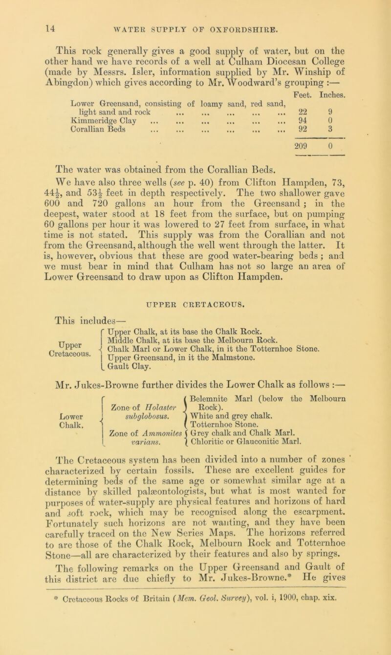 This rock generally gives a good supply of water, but on the other hand we have records of a well at Culham Diocesan College (made by Messrs. Isler, information supplied by Mr. Winship of Abingdon) which gives according to Mr. Woodward’s grouping :— Feet. Inches. Lower Greensand, consisting of loamy sand, red sand, light sand and rock 22 9 Kimmeridge Clay 94 0 Corallian Beds 92 3 209 0 The water was obtained from the Corallian Beds. We have also three wells (see p. 40) from Clifton Hampden, 73, 44^, and 53^ feet in depth respectively. The two shallower gave 600 and 720 gallons an hour from the Greensand ; in the deepest, water stood at 18 feet from the surface, but on pumping 60 gallons per hour it was lowered to 27 feet from surface, in what time is not stated. This supply was from the Corallian and not from the Greensand, although the well went through the latter. It is, however, obvious that these are good water-bearing beds; and we must bear in mind that Culham has not so large an area of Lower Greensand to draw upon as Clifton Hampden. UPPER CRETACEOUS. This includes— f Upper Chalk, at its base the Chalk Rock, y-r 1 Middle Chalk, at its base the Melbourn Rock, upper ^ Chalk Marl or Lower Chalk, in it the Totternhoe Stone, retaceous. . -g-ppQj, Greensand, in it the Malmstone. f Gault Clay. Mr. Jukes-Browne further divides the Lower Chalk as follows :—• Lower Chalk. f I Belemnite Marl (below the Melbourn I Zone of Hola&ter ) Rock). ! subglobosus. j White and grey chalk. » ( Totternhoe Stone. Zone of Ammonites \ Grey chalk and Chalk Marl. varians. \ Chloritic or Glauconitic Marl. The Cretaceous system has been divided into a number of zones ’ characterized by certain fossils. These are excellent guides for determining beds of the same age or somewhat similar age at a distance by skilled palseontologists, but what is most wanted for purposes of water-supply are physical features and horizons of hard and soft rock, which may be recognised along the escarpment. Fortunately such horizons are not wanting, and they have been carefully traced on the New Series Maps. The horizons referred to are those of the Chalk Rock, Melbourn Rock and Totternhoe gtone—all are characterized by their features and also by springs. The following remarks on the Upper Greensand and Gault of this district are due chiefly to Mr. Jukes-Browne.* He gives * Cretaceous Rocks of Britain (Mem. Geol. Survey), vol. i, 1900, chap. xix.