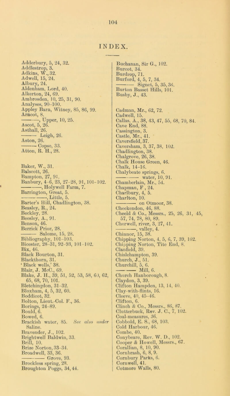 INDEX. Adderbury, 5, 24, 82. Addlestrop, 3. Adkins, W., 32. A dwell, 15, 24. Albury, 24. Aldenham, Lord, 40. Alkerton, 24, 69. Ambrosden, 10, 25, 31, 90. Analyses, 90-100. Appley Barn, Witney, 85, 86, 99. Arncot, 8. , Upper, 10, 25. Ascot, 5, 26. Asthall, 26. Leigh, 26. Aston, 26. Copse, 33. Atton, R. H., 28. Baker, W., 31. Balscott, 26. Bampton, 27, 91. Banbury, 4-6, 23, 27-28, 91, 101-102. , Holywell Farm, 7. Barrington, Great, 5. , Little, 5. Barter’s Hill, Chadlington, 38. Beasley, R., 24. Beckley, 28. Beesley, A., 91. Benson, 46. Berrick Prior, 28. Salome, 15, 28. Bibliography, 101-103. Bicester, 28-31, 92-93, 101-102. Bix, 46. Black Bourton, 31. Blackthorn, 31. ‘ Black wells,’ 38. Blair, J. McC., 69. Blake, J. H., 39, 51, 52, 53, 58, 60, 62, 65, 68, 70, 101. Bletchingdon, 31-32. Bloxham, 4, 5, 32, 60. Boddicot, 32. Bolton, Lieut.-Col. F., 36. Borings, 24-89. Bould, 6. Bowed, 6. Brackish water, 85. also amlov Saline. Bra vender, J., 102. Brightwell Baldwin, 33. Brill, 10. Brize Norton, 33-34. Broadwell, 33, 36. Grove, 93. Brockless spring, 28. Broughton Poggs, 34, 44. Buchanan, Sir G., 102. Burcot, 34. Burdrop, 71. Burford, 4, 5, 7, 34. Signet, 5, 35,36. Burton Basset Hills, 101. Busby, J., 43. Cadman, Mr., 62, 72. Cad well, 15. Callas, A., 38, 43, 47, 55, 68, 70, 84. Cane End, 88. Cassington, 3. Castle, Mr., 41. Caversfield, 37. Caversham, 3, 37, 38, 102. Chadlington, 38. Chalgrove, 26, 38. Chalk House Green, 46. Chalk, 14-16. Chalybeate springs, 6. water, 10, 91. Chamberlain, Mr., 54. Chapman, F , 24. Charlbury, 4, 5. Charlton, 10. on Otmoor, 38. Checkendon, 46, 88. Cheeld & Co., Messrs., 25, 26, 31, 45, 57, 74, 78, 80, 89. Cherwell, river, 3, 27, 41. , valley, 4. Chinnor, 15, 38. Chipping Norton, 4, 5, 6, 7, 39, 102. Chipping Norton, Tite End, 8. Clanfield, 39. Chislehampton, 39. Church, J., 51. Churchill, 5, 6. Mill, 6. Church Hanborough, 8. Claydon, 3, 39. Clifton Hampden, 13, 14, 40. Clay-with-flints, 16. Cleeve, 40, 45-46. Clifton, 6. Clinch & Co., Messrs., 86, 87. Clutterbuck, Rev. J. C., 7, 102. Coal-measures, 36. Cobbold, E. S., 68, 103. Cold Harbour, 46. Combe, 40. Conybeare, Rev. W. I)., 102. Cooper & Howell, Messrs., 67. Corallian, 8, 10, 90. Cornbrash, 6, 8, 9. Cornbury Parks, 6. Cornwell, 41. Cotmore Walls, 80.