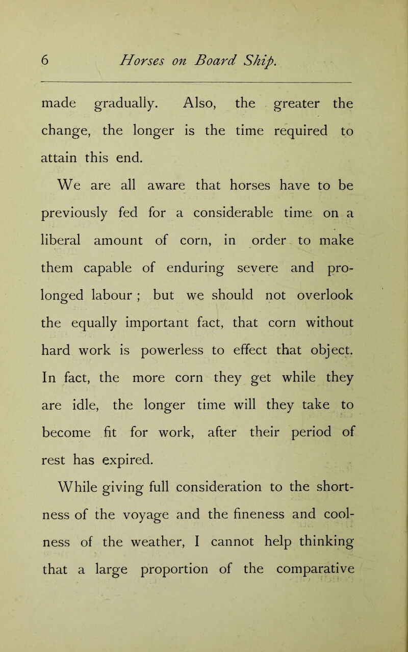 made gradually. Also, the greater the change, the longer is the time required to attain this end. We are all aware that horses have to be previously fed for a considerable time on a liberal amount of corn, in order to make them capable of enduring severe and pro- longed labour ; but we should not overlook the equally important fact, that corn without hard work is powerless to effect that object. In fact, the more corn they get while they are idle, the longer time will they take to become fit for work, after their period of rest has expired. While giving full consideration to the short- ness of the voyage and the fineness and cool- ness of the weather, I cannot help thinking that a large proportion of the comparative